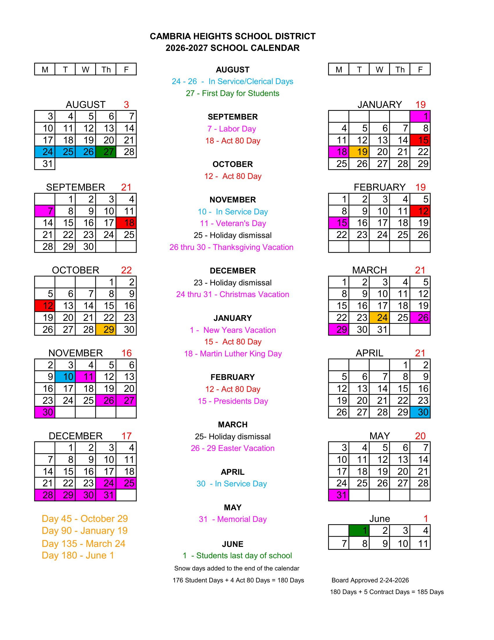 CAMBRIA HEIGHTS SCHOOL DISTRICT Calendar 26-27 pdf