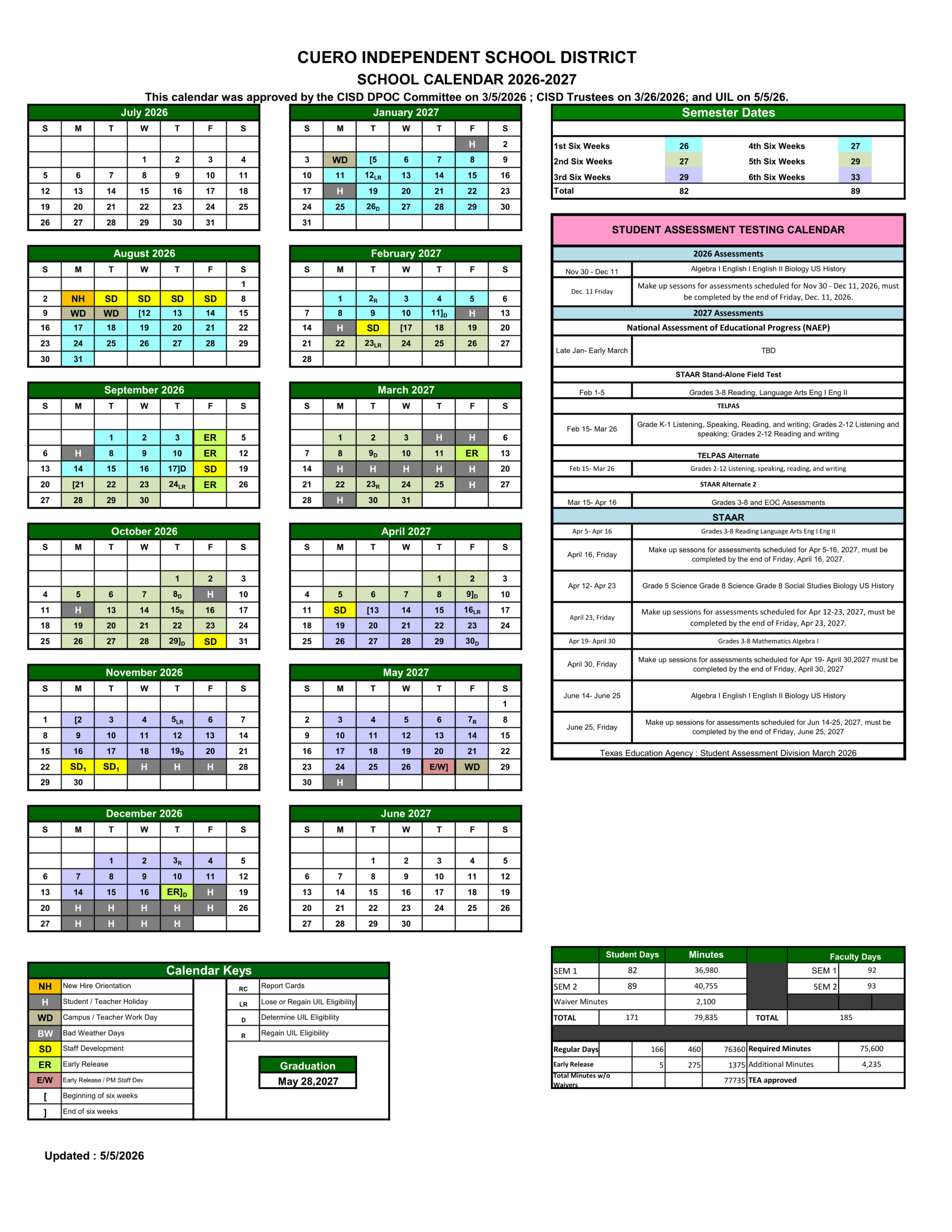 CUERO INDEPENDENT SCHOOL DISTRICT Calendar 26-27 pdf