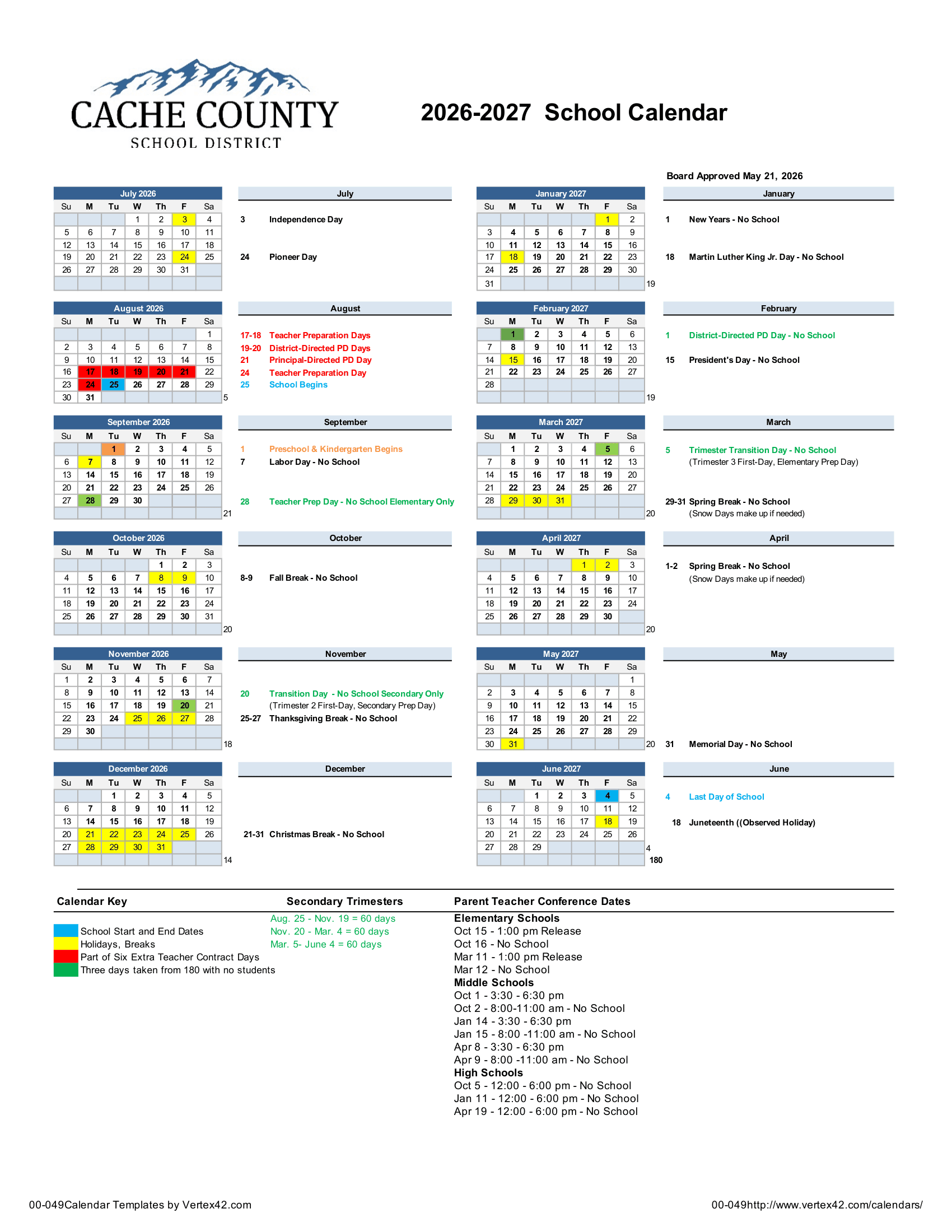 Cache County School District Calendar 26-27 PDF