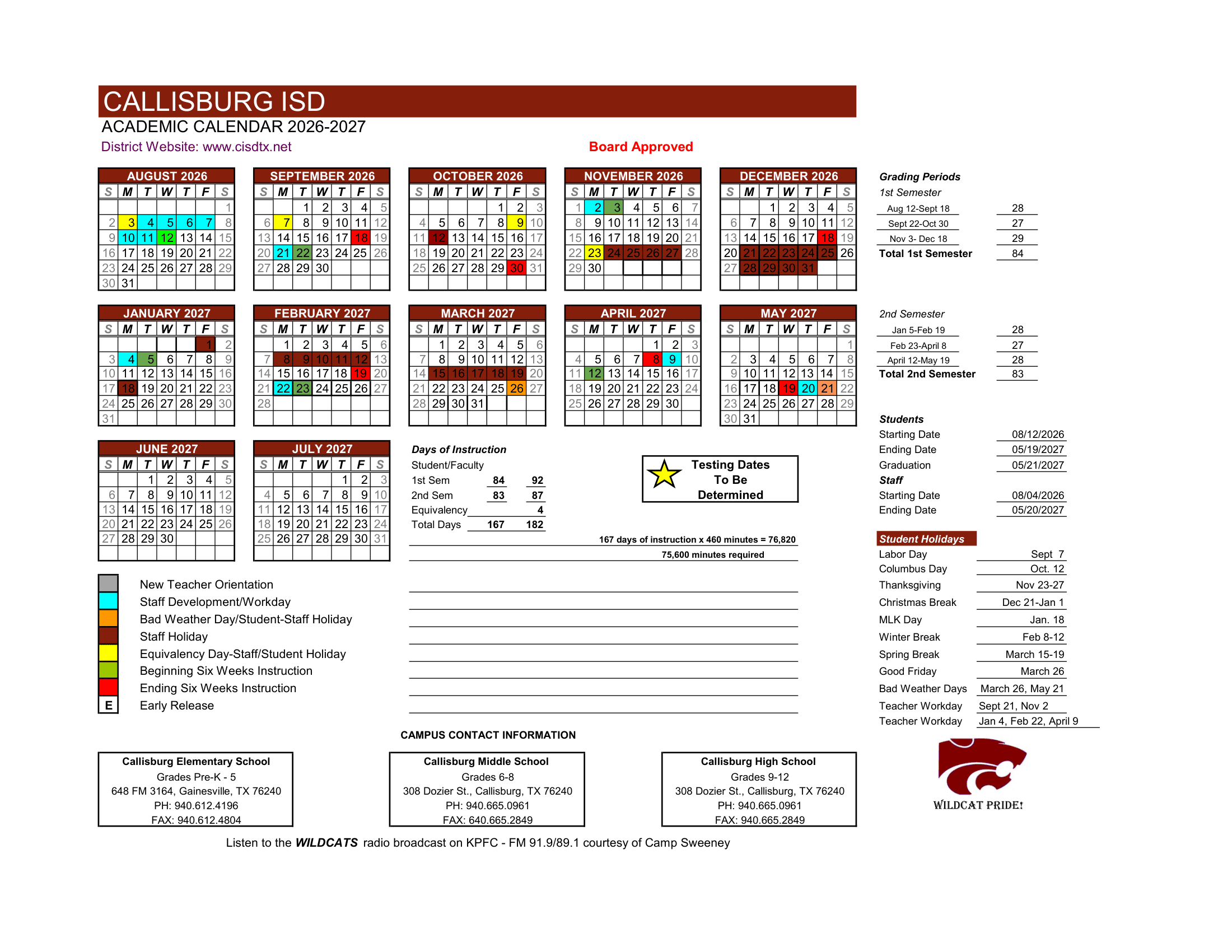 Callisburg ISD Calendar 26-27 Revised