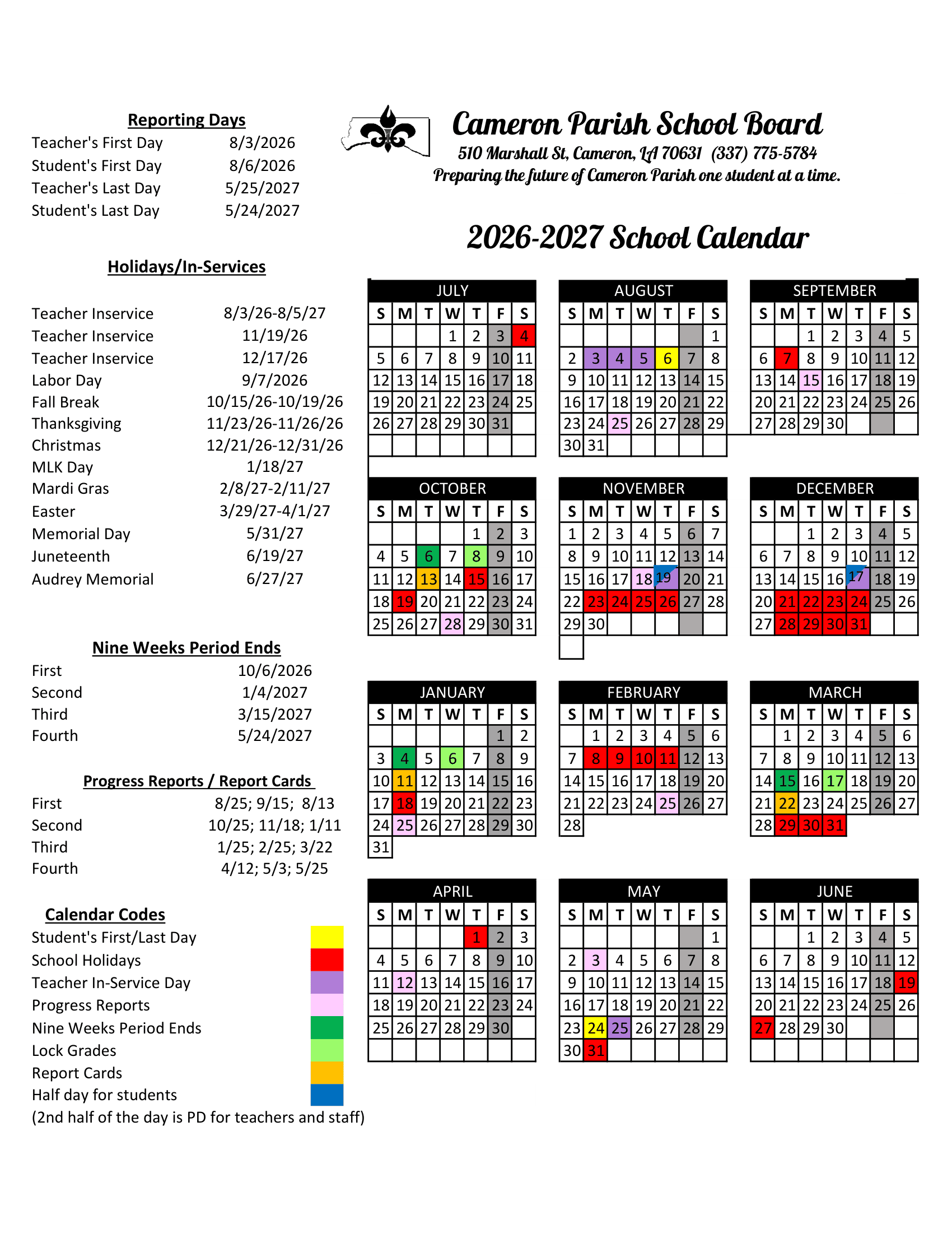 Cameron Parish School Board Calendar 26-27 pdf