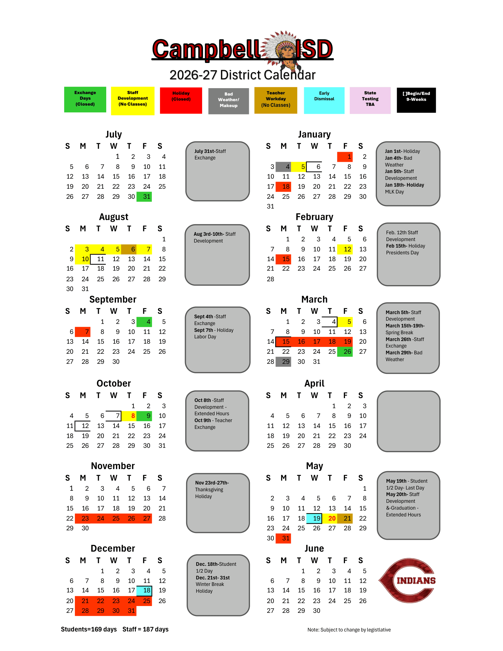 Campbell ISD Calendar 26-27 Revised