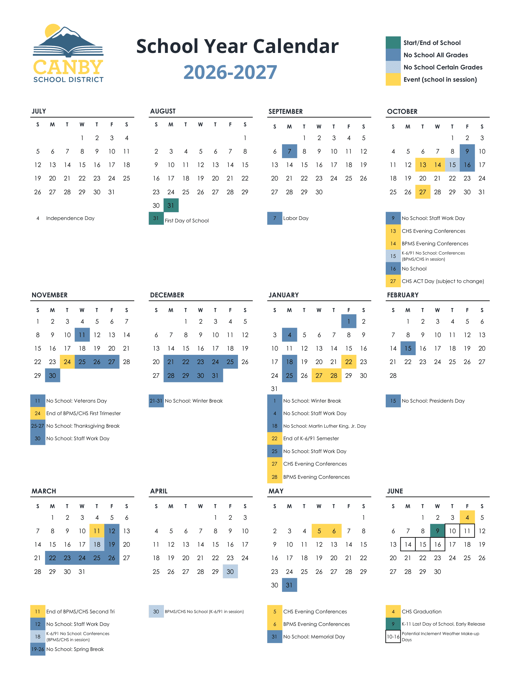 Canby School District Calendar 26-27 PDF
