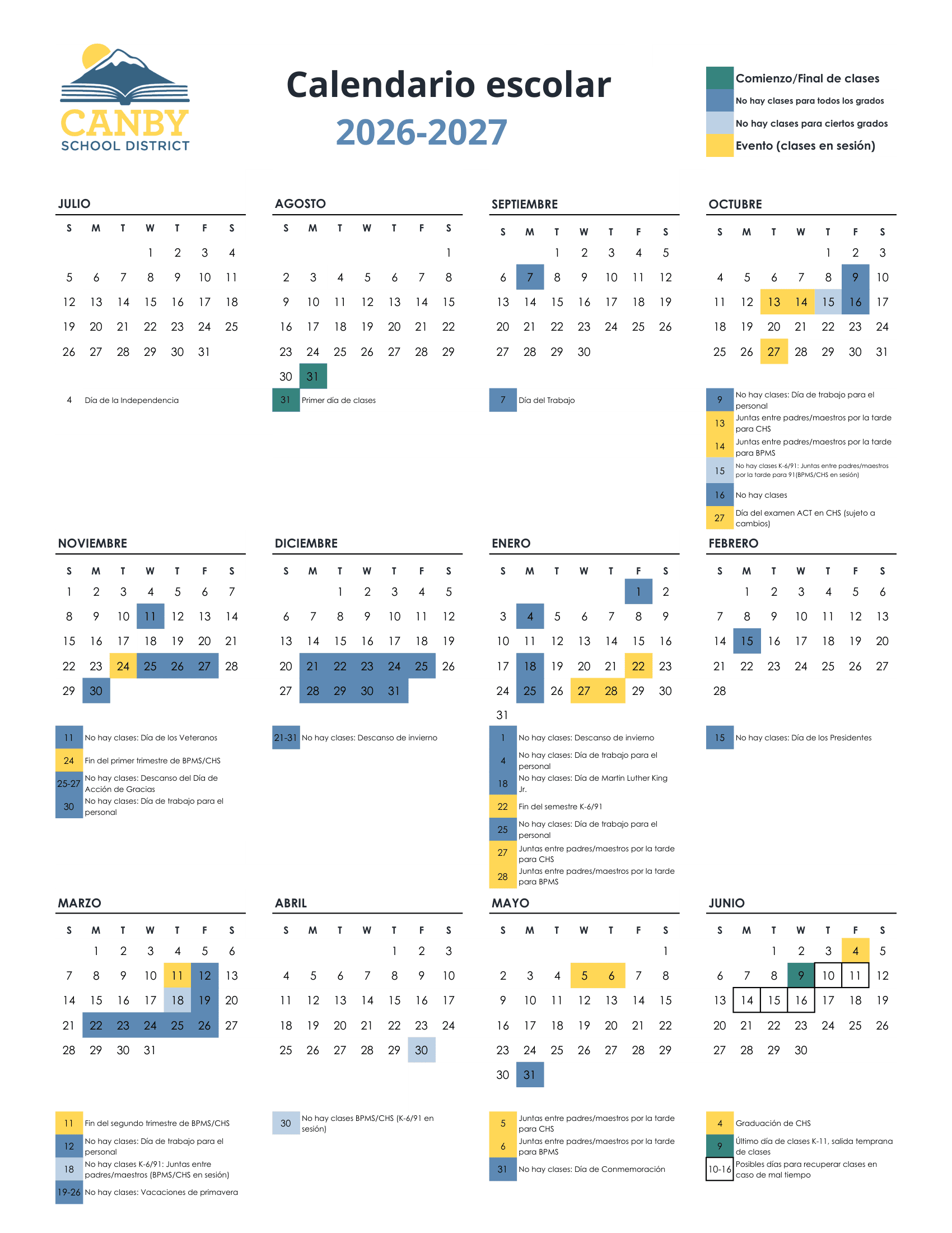 Canby School District Calendar 26-27 PDF