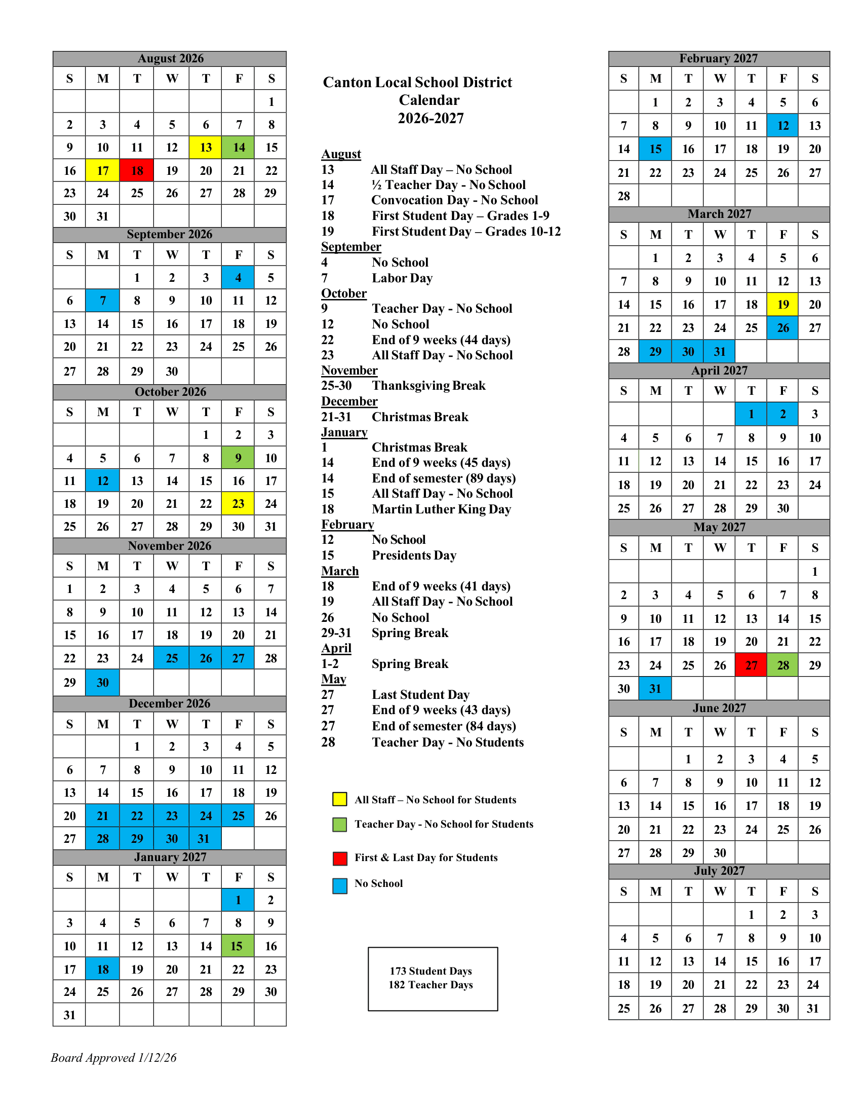 Canton Local School District Calendar 26-27 pdf