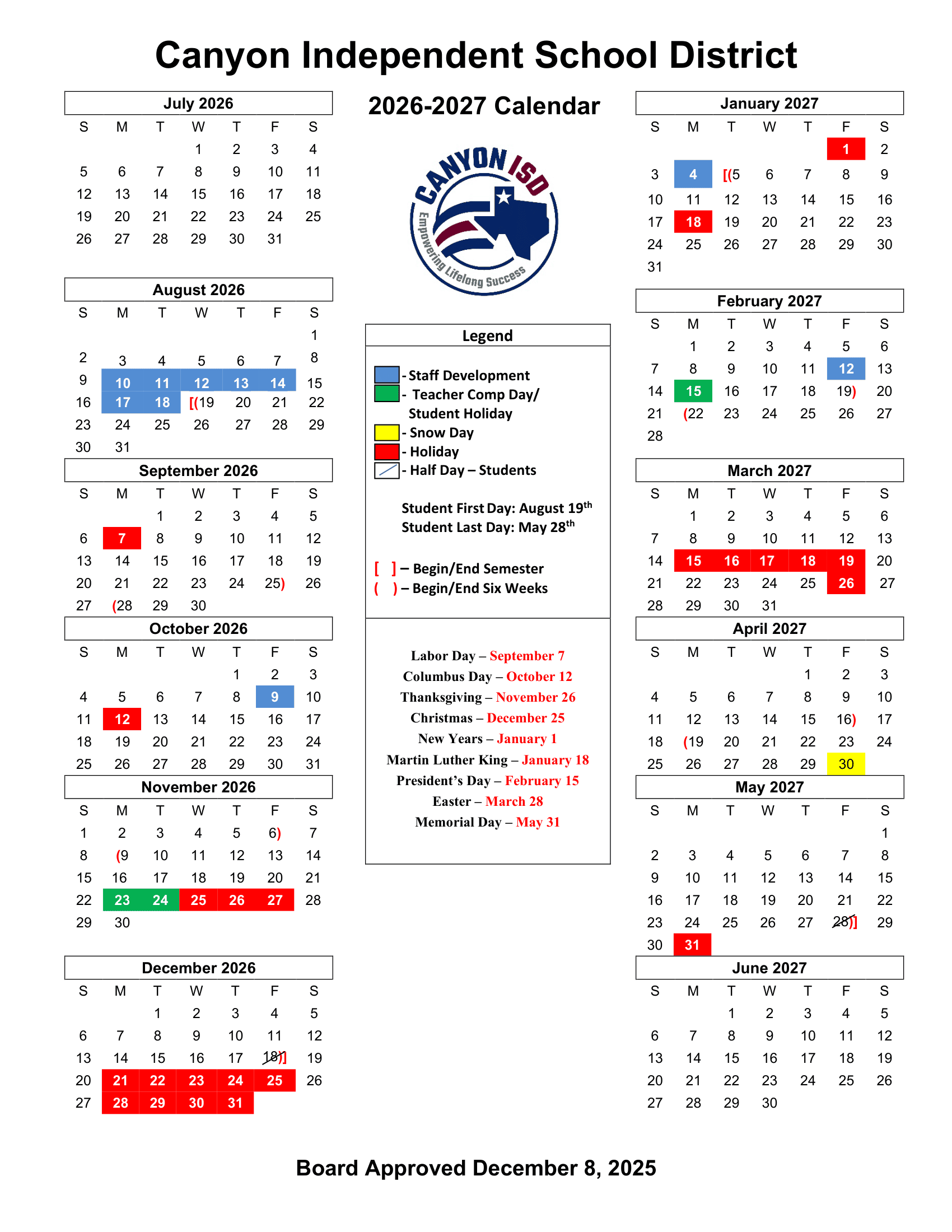Canyon Independent School District Calendar 26-27 Revised