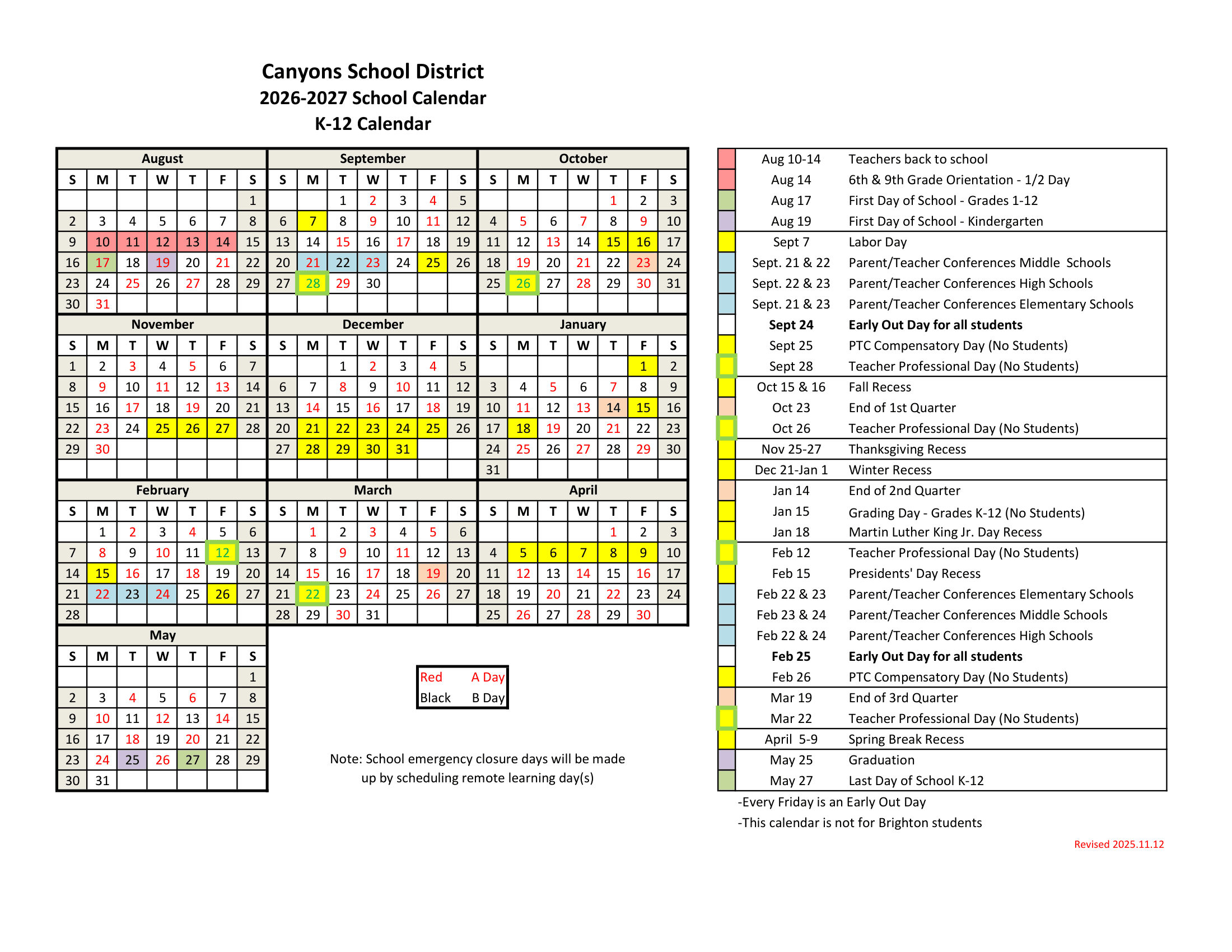 Canyons School District Calendar 26-27 PDF