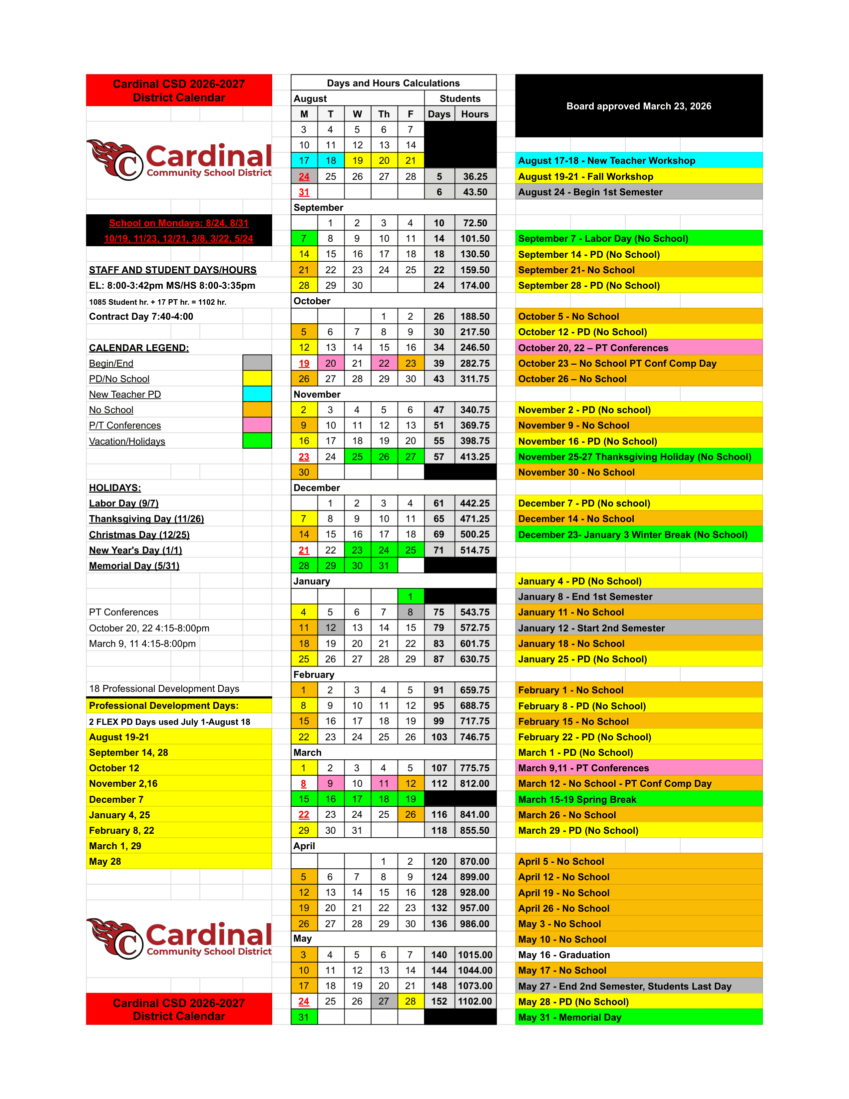 Cardinal Community School District Calendar 26-27 pdf