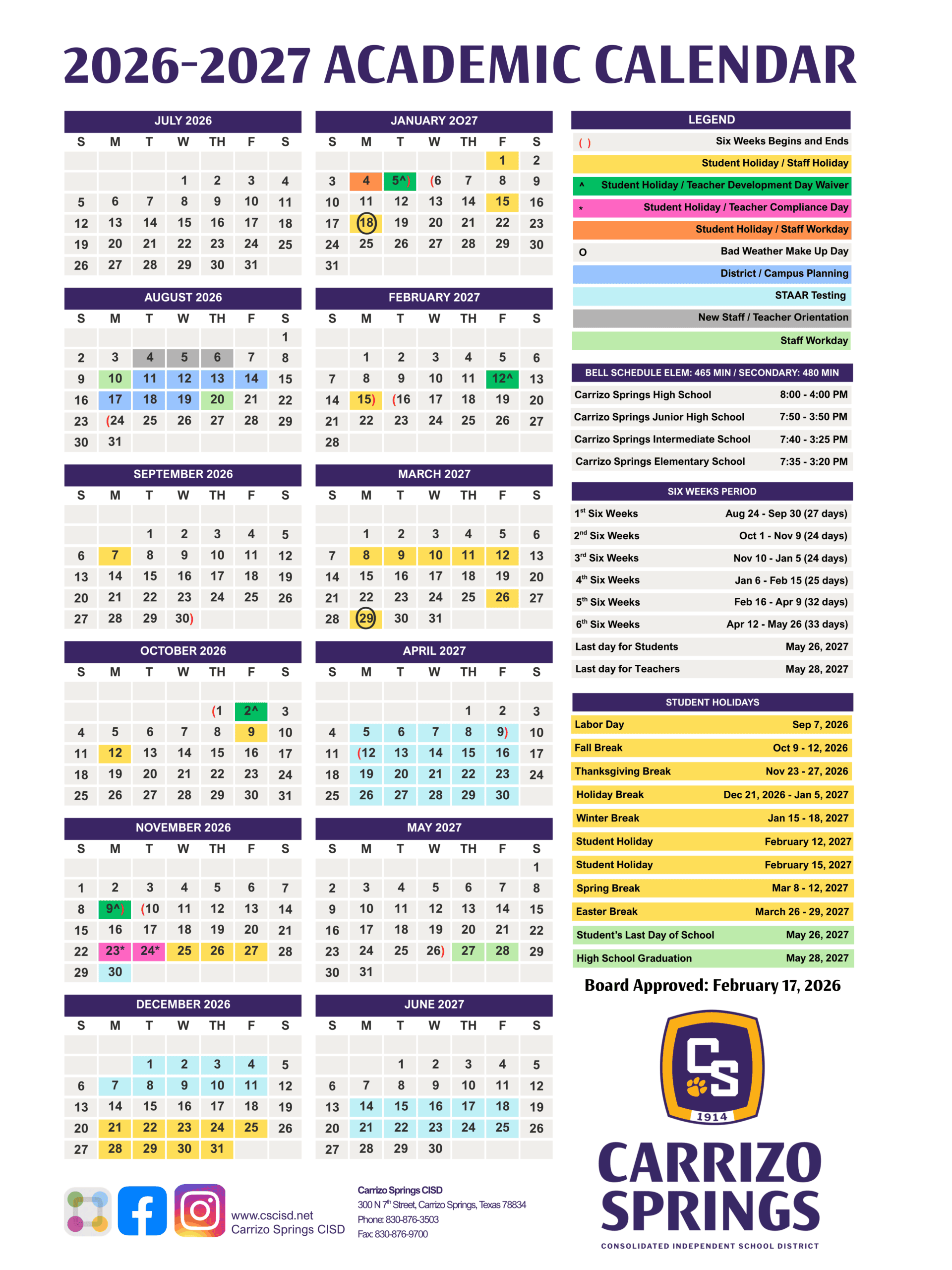 Carrizo Springs Consolidated Independent School District Calendar 26-27 pdf