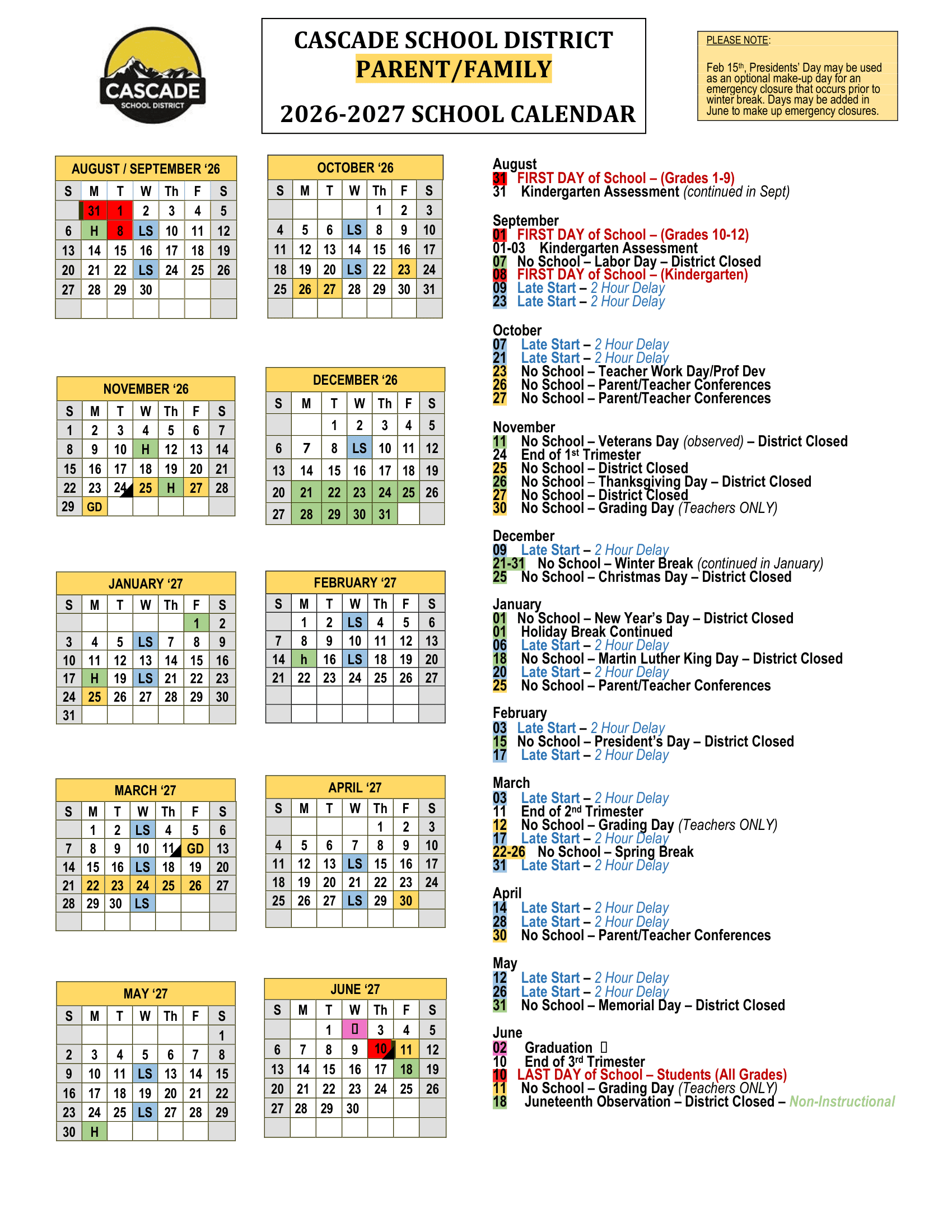Cascade School District Calendar 26-27 PDF