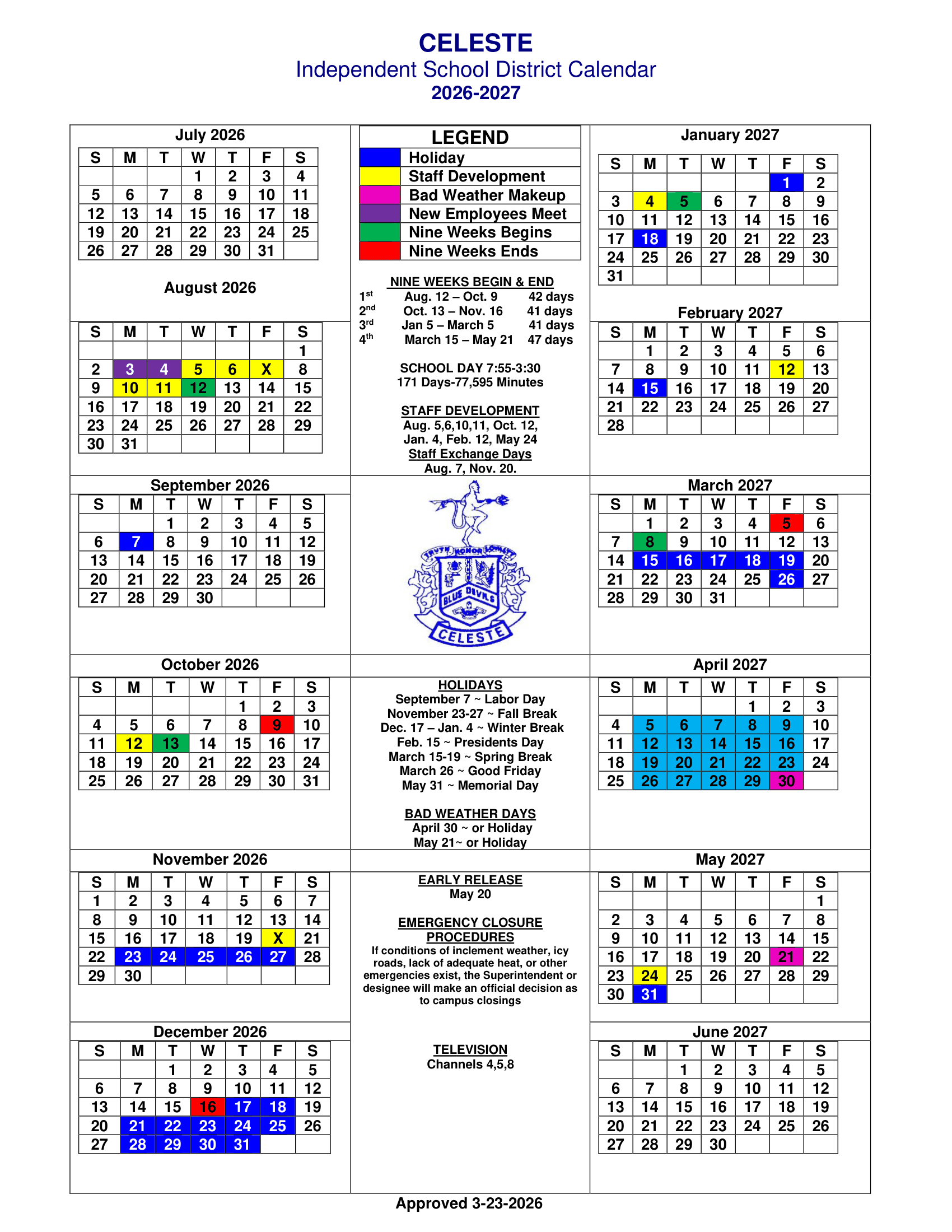 Celeste Independent School District Calendar 26-27 Revised