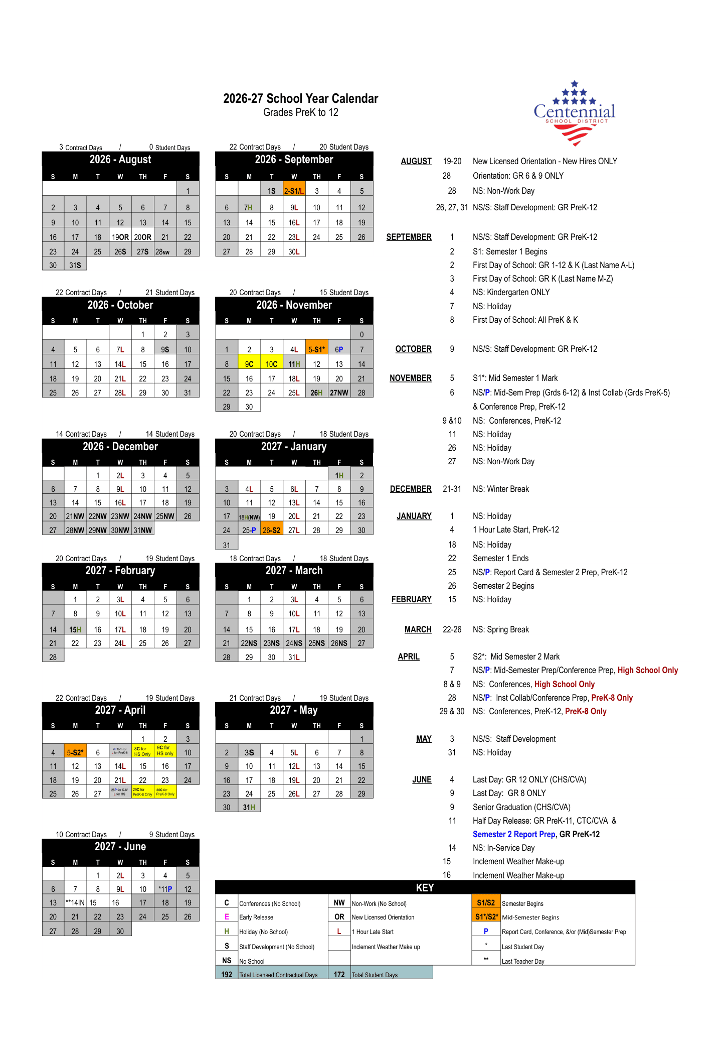 Centennial School District Calendar 26-27 PDF