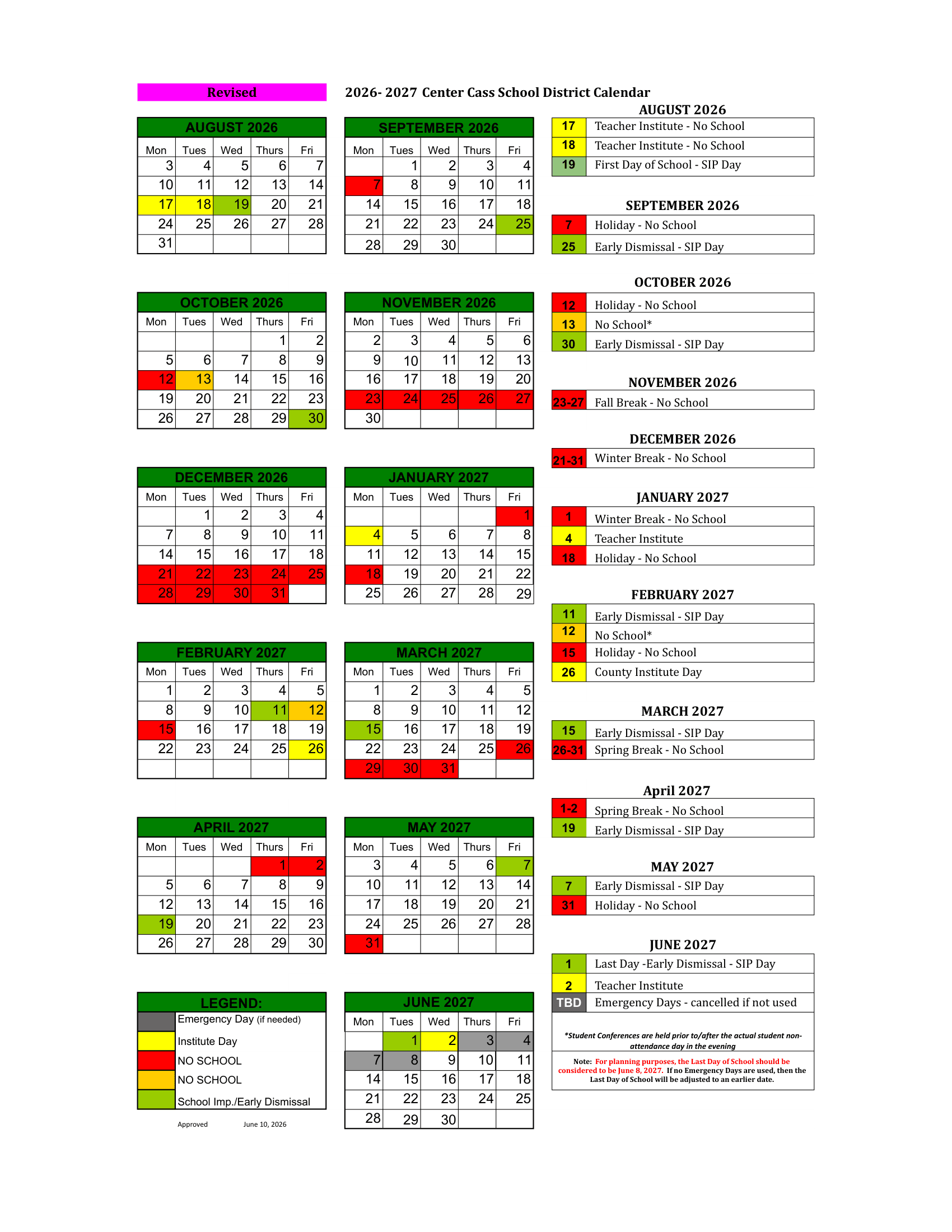 Center Cass School District Calendar 26-27 Revised