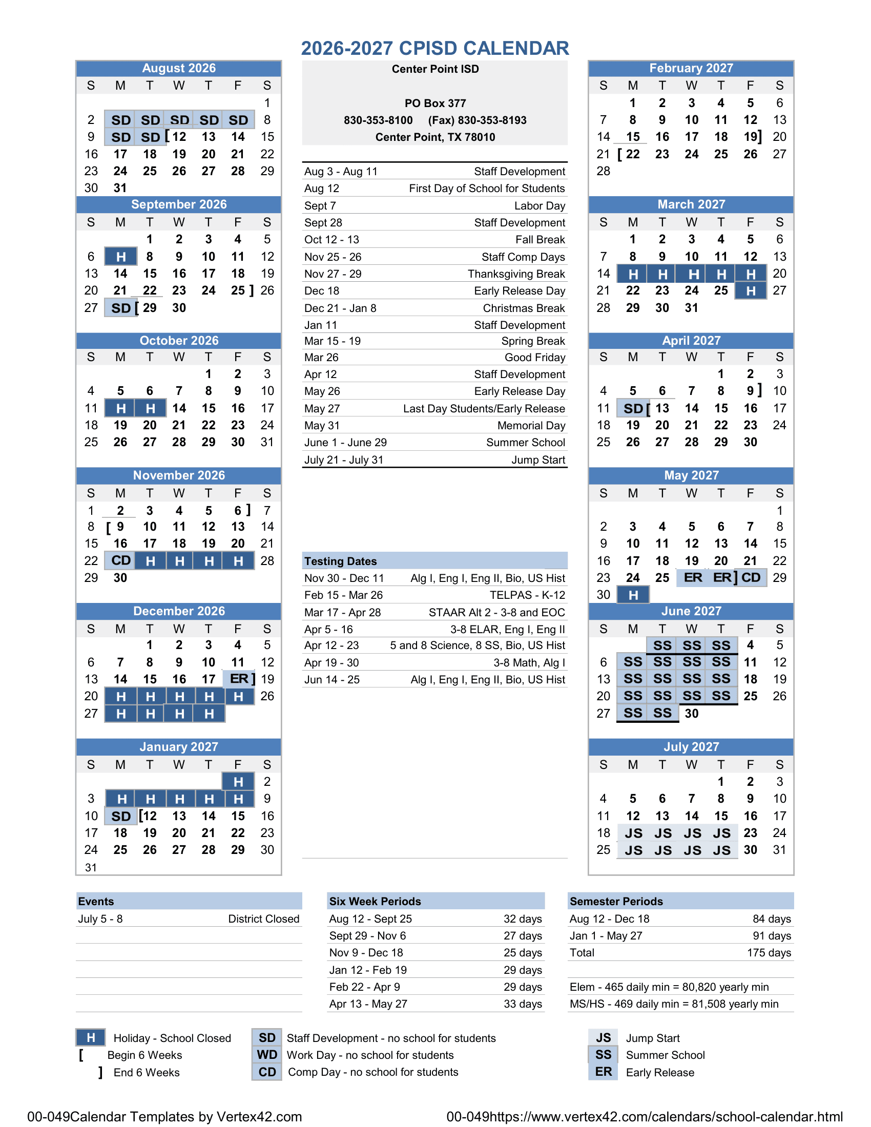 Center Point ISD Calendar 26-27 Revised
