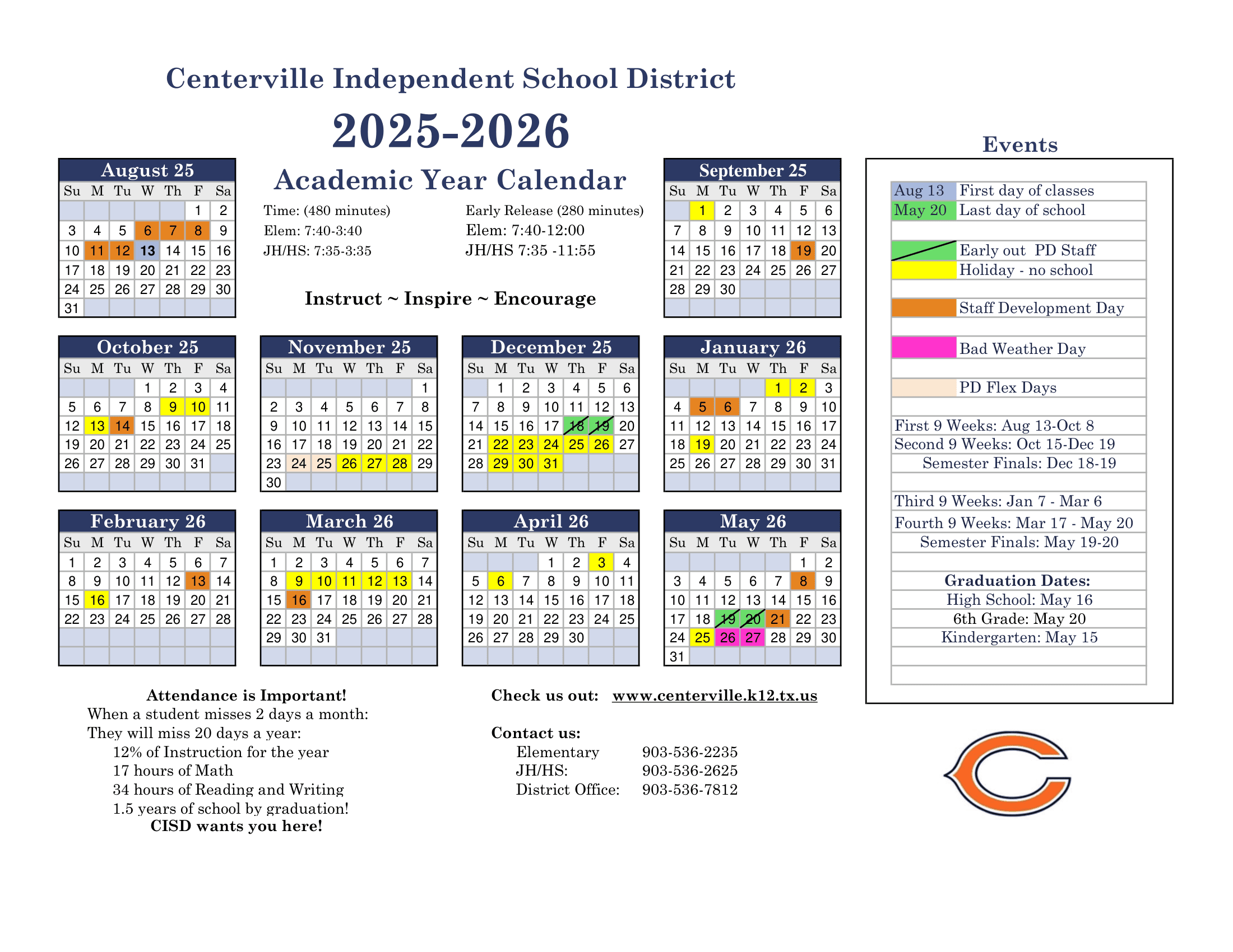 Centerville Independent School District Calendar 25-26 Revised