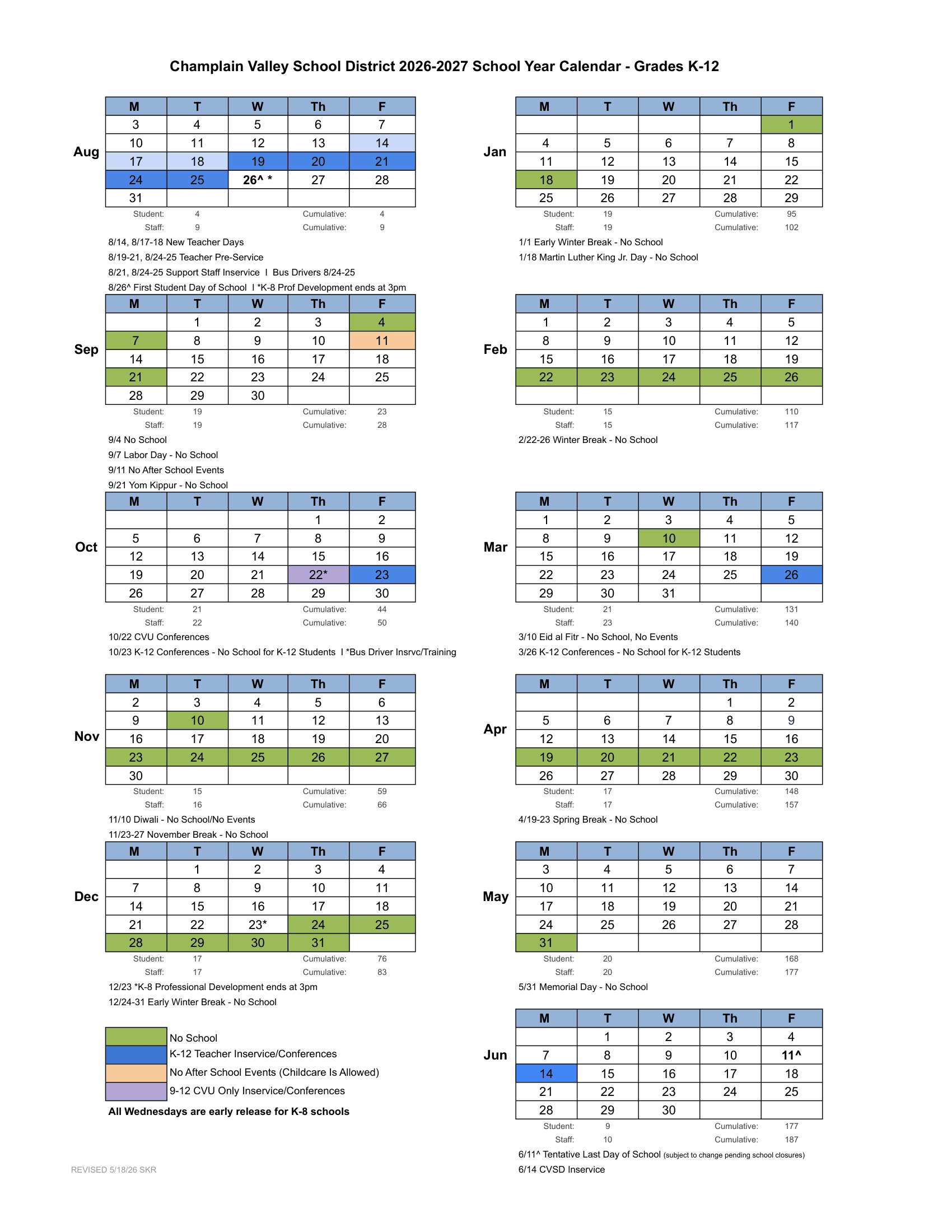 Champlain Valley School District Calendar 26-27 Revised