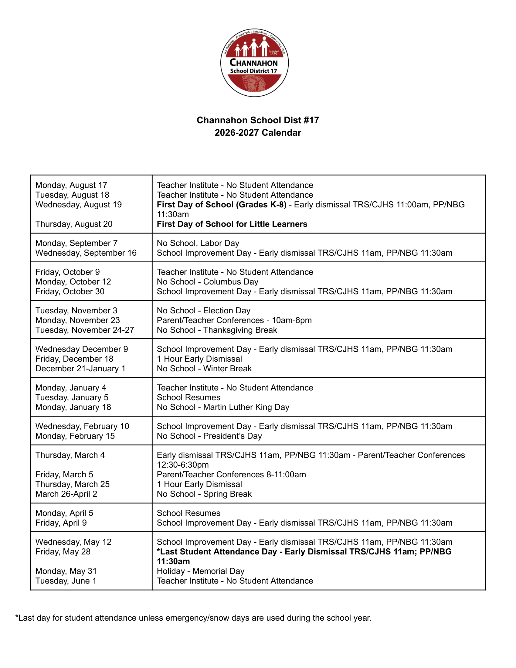 Channahon School Dist #17 Calendar 26-27 Revised