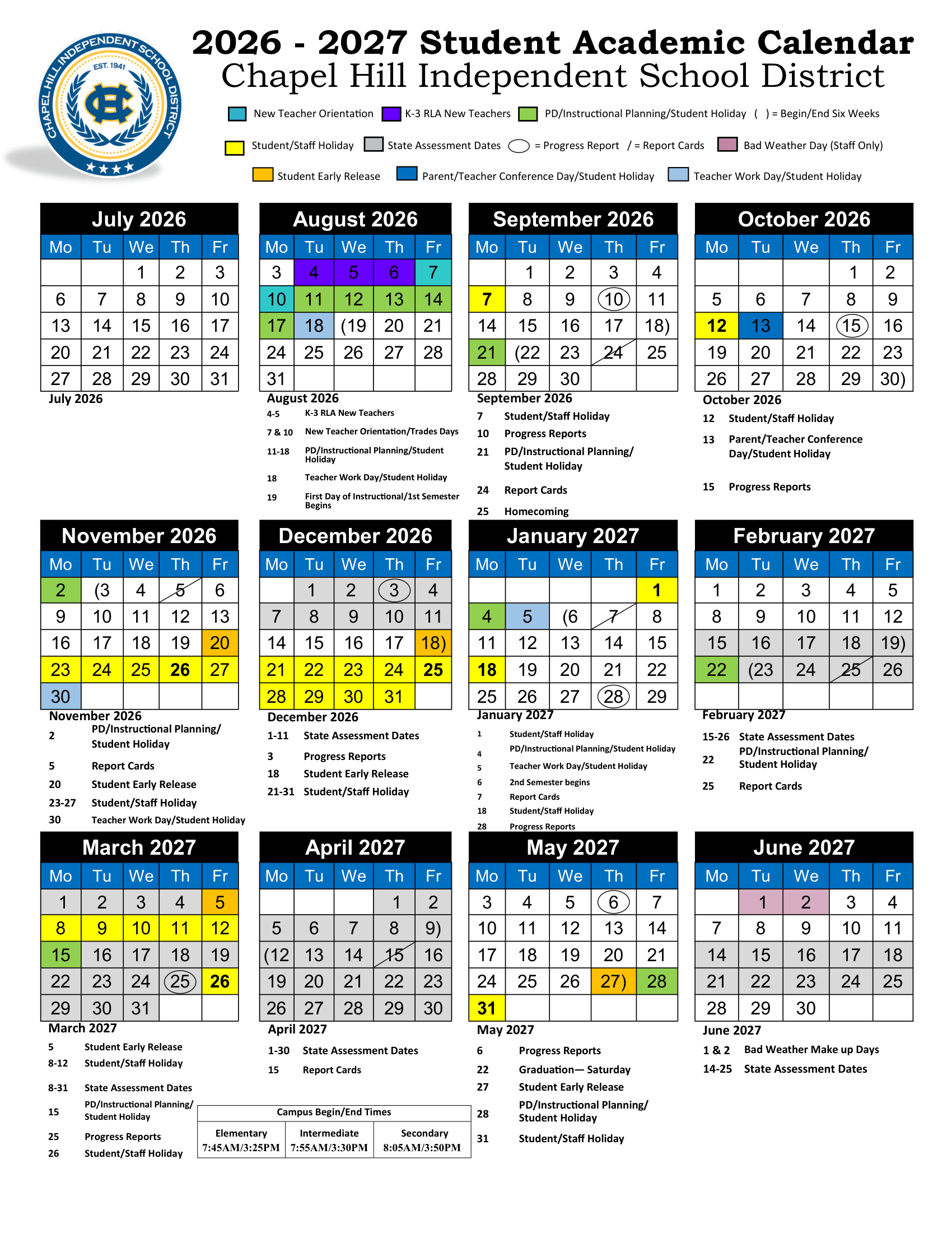 Chapel Hill Independent School District Calendar 26-27 Revised