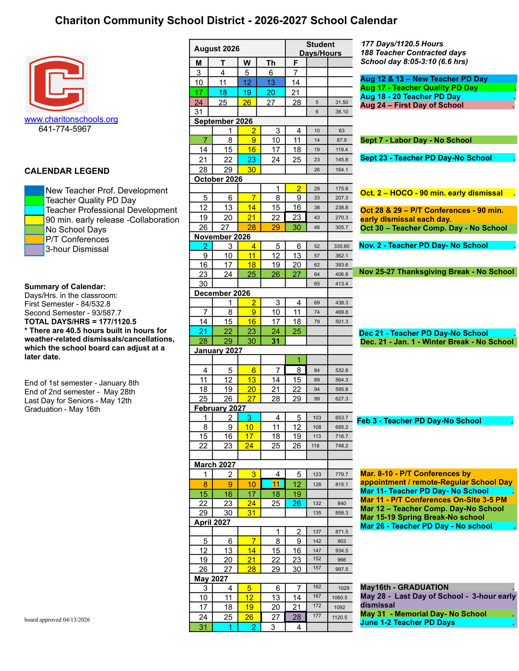 Chariton Community School District Calendar 26-27 pdf