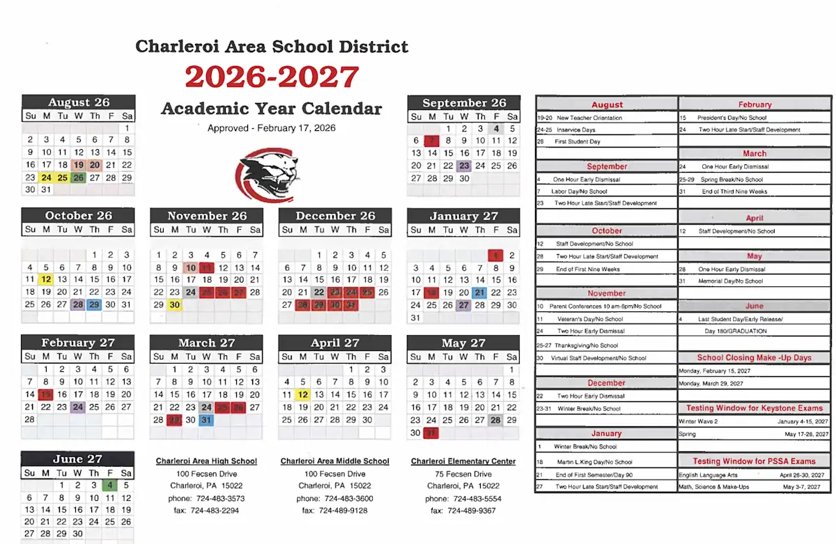 Charleroi Area School District Calendar 26-27 pdf