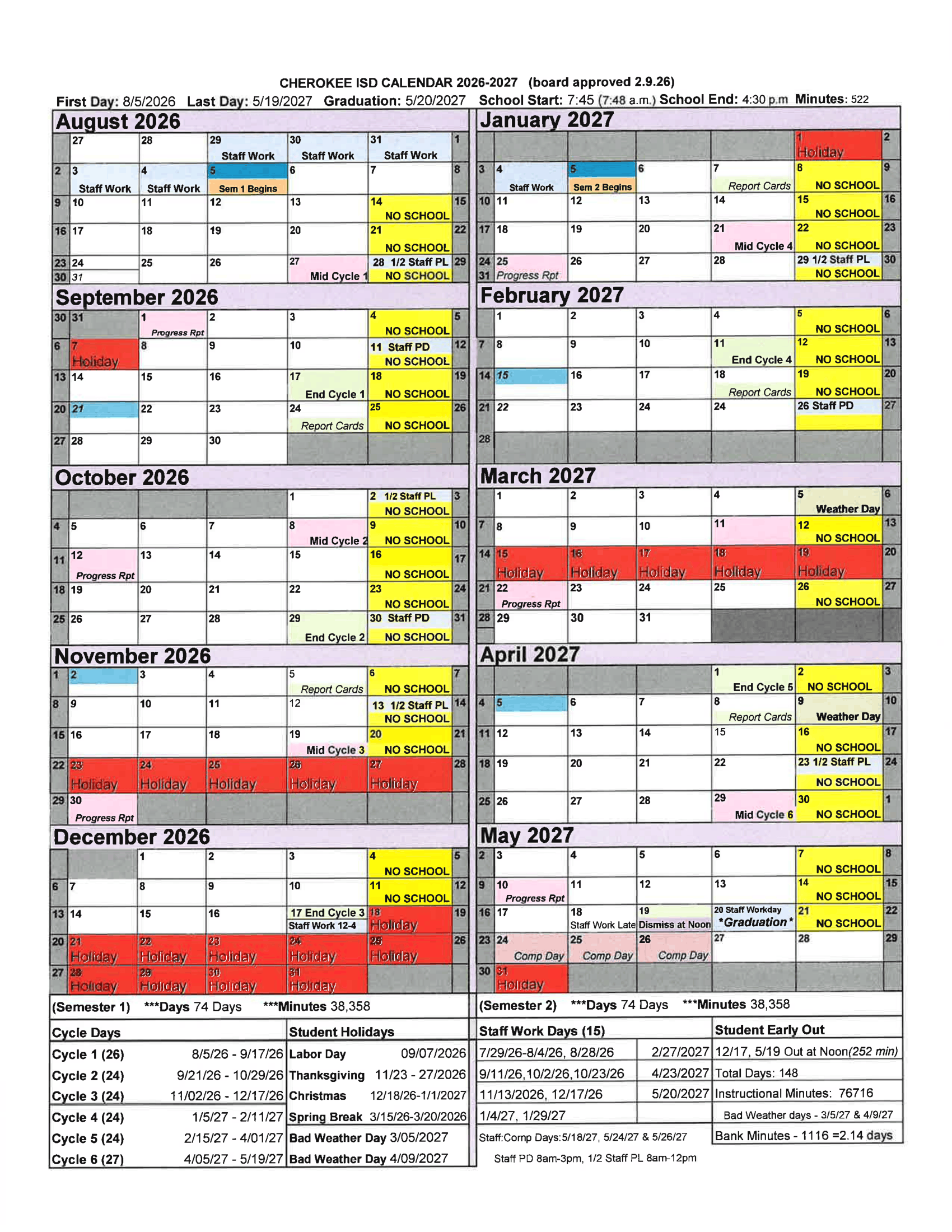Cherokee ISD Calendar 26-27 Revised