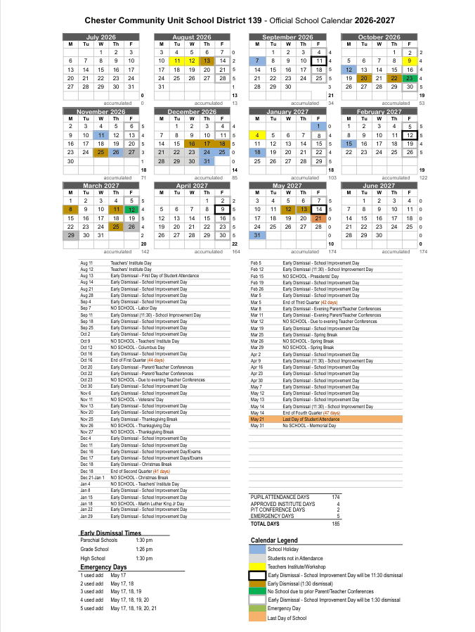 Chester Community Unit School District 139 Calendar 26-27 Revised