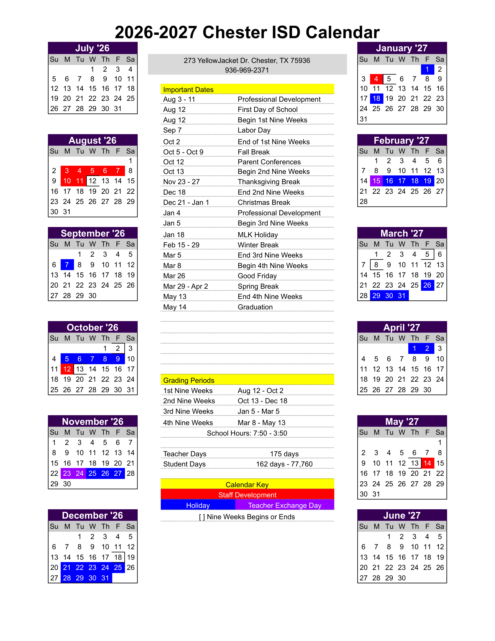 Chester ISD Calendar 26-27 Revised