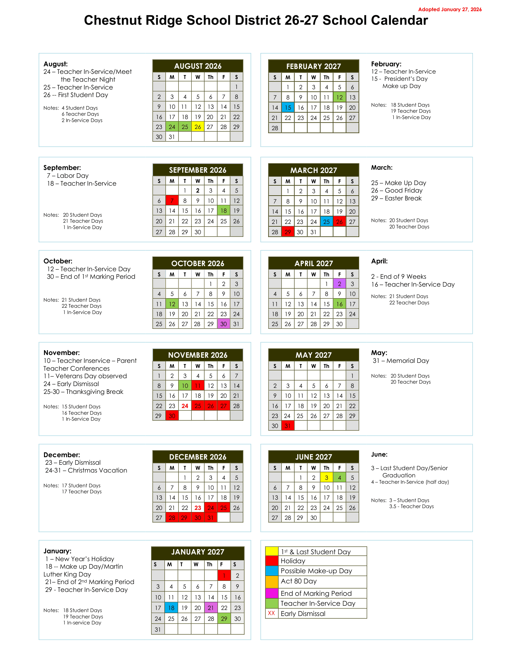 Chestnut Ridge School District Calendar 26-27 pdf