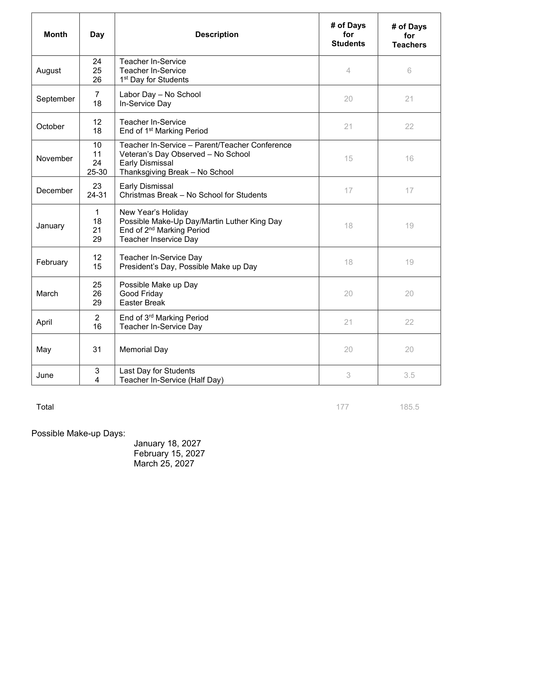 Chestnut Ridge School District Calendar 26-27 pdf