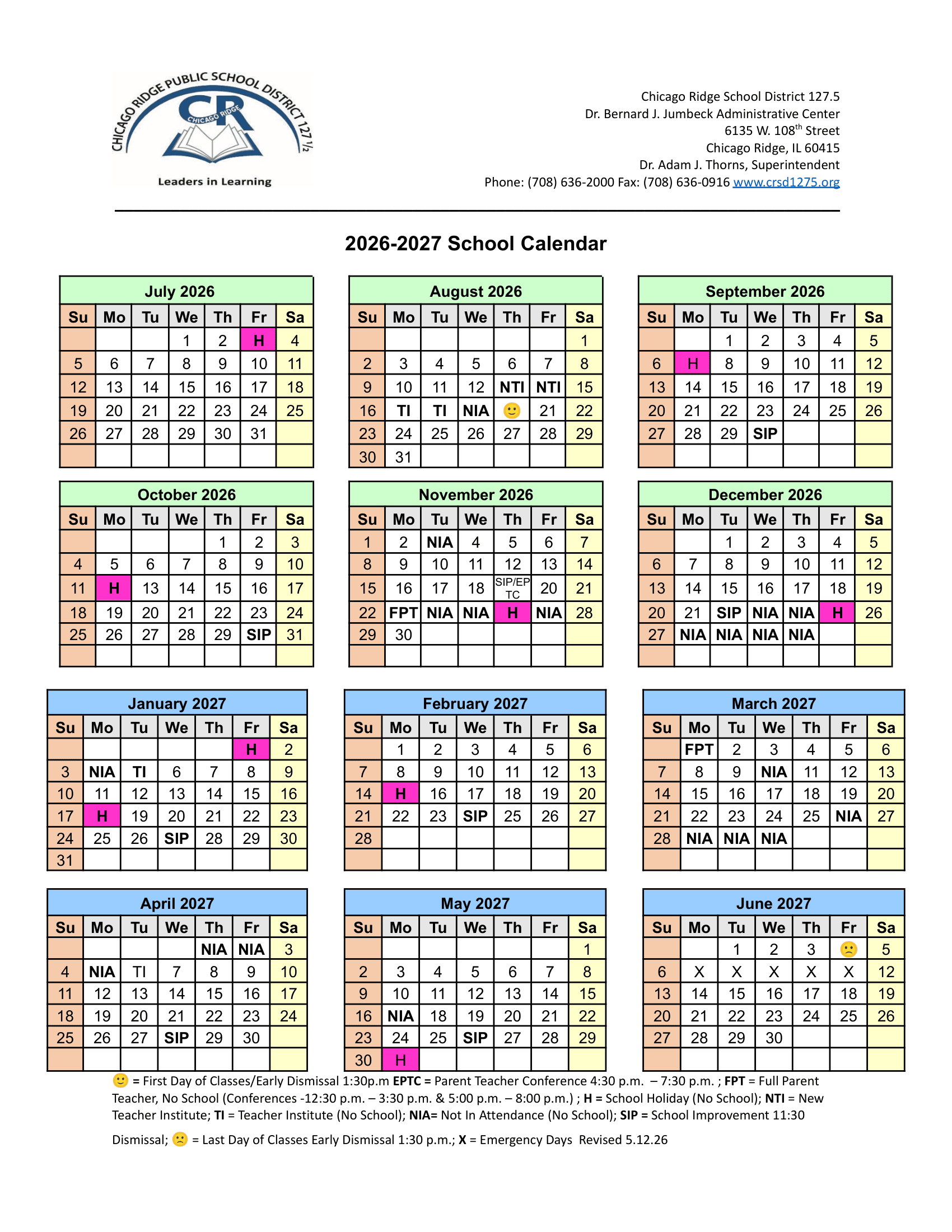 Chicago Ridge School District 127.5 Calendar 26-27 pdf