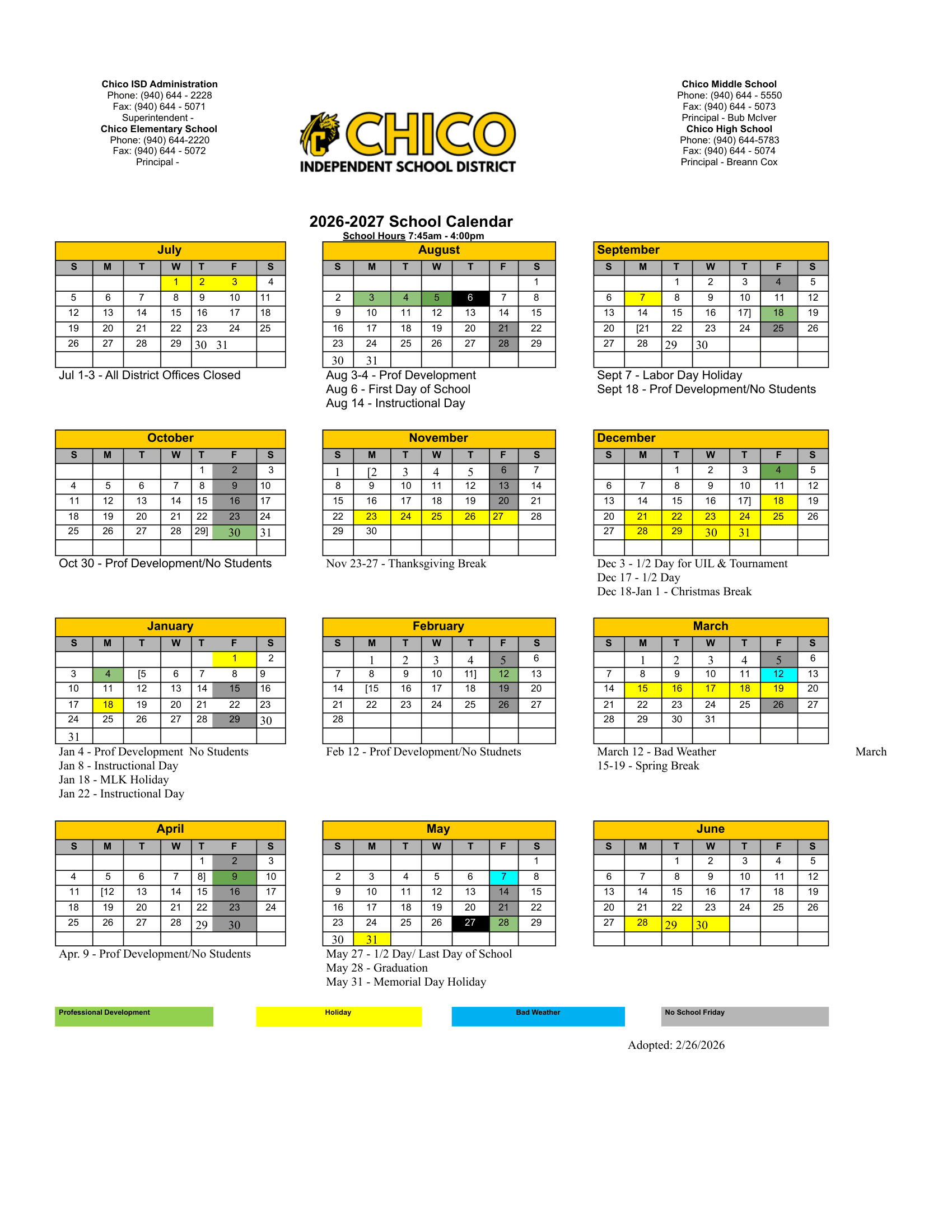 Chico Independent School District Calendar 26-27 Revised