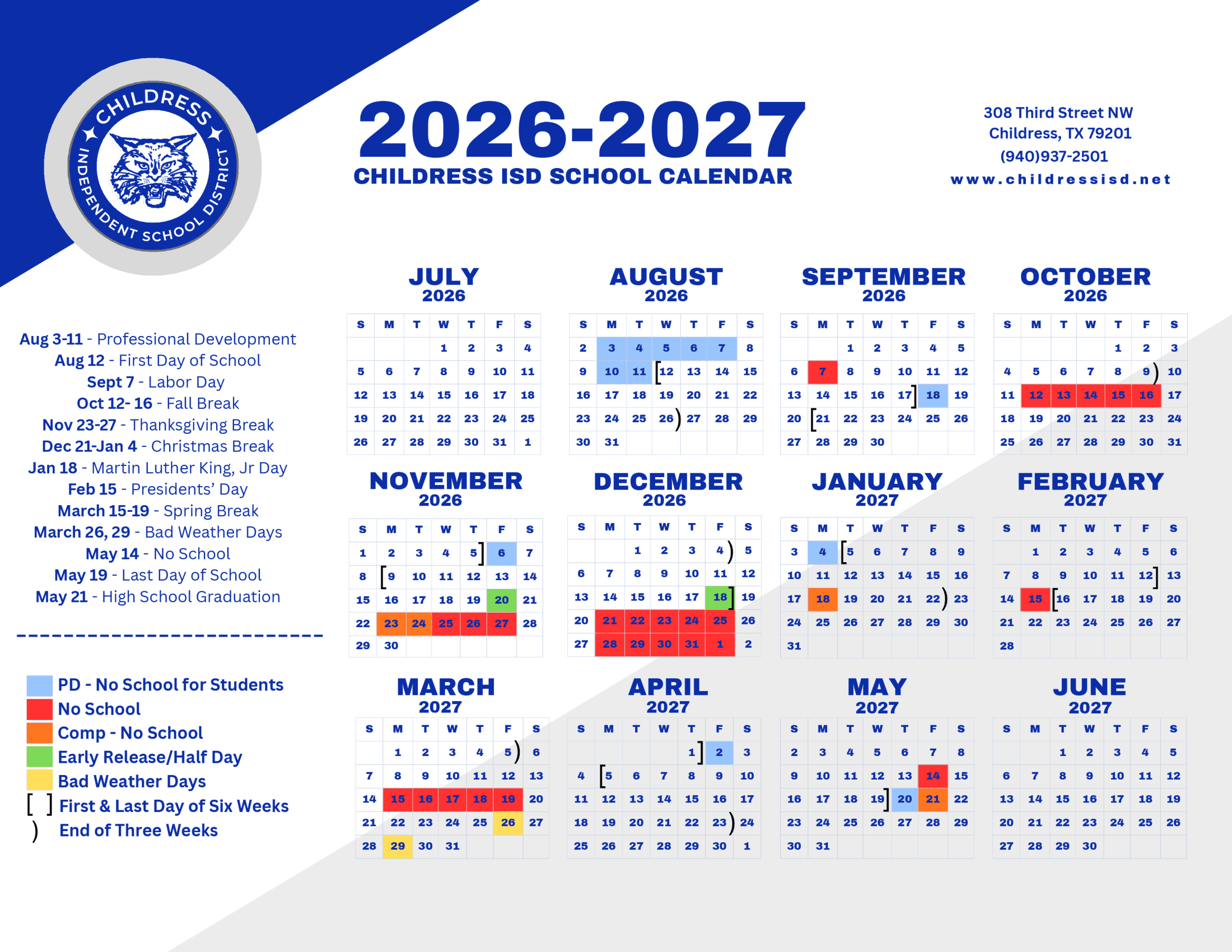 Childress ISD Calendar 26-27 Revised