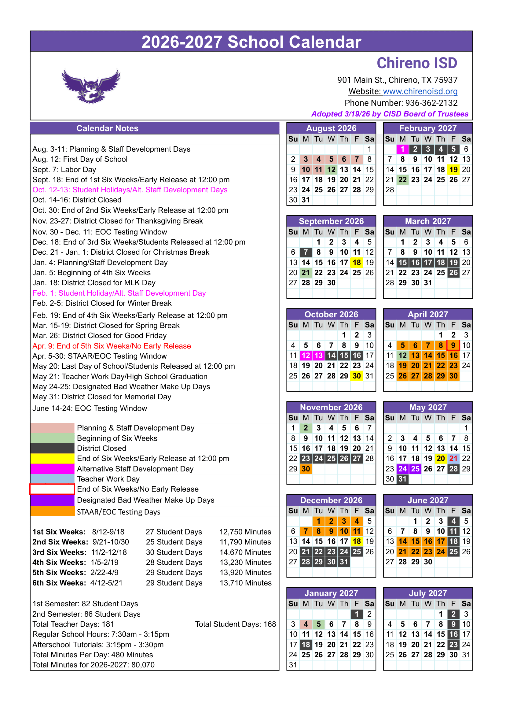 Chireno ISD Calendar 26-27 Revised