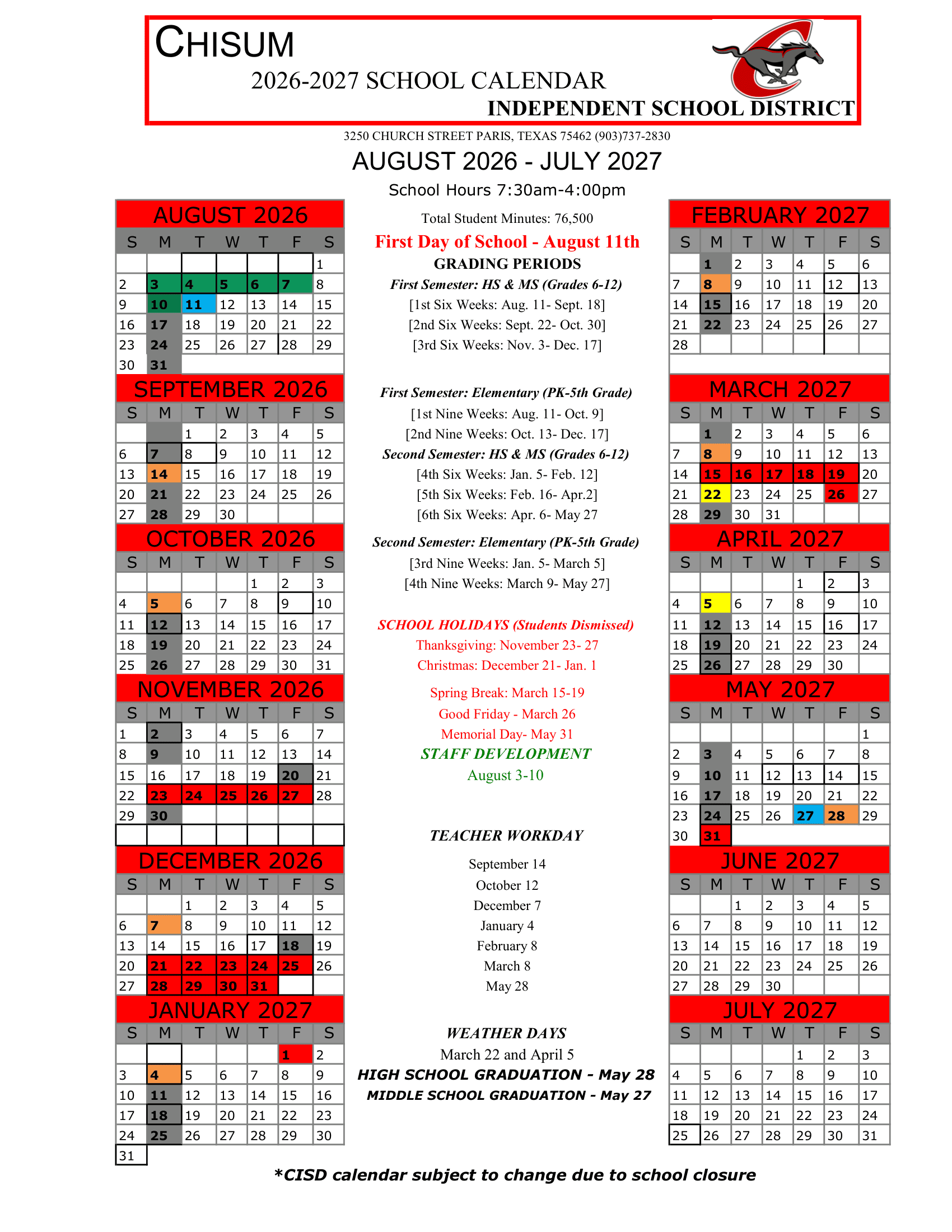 Chisum Independent School District Calendar 26-27 pdf