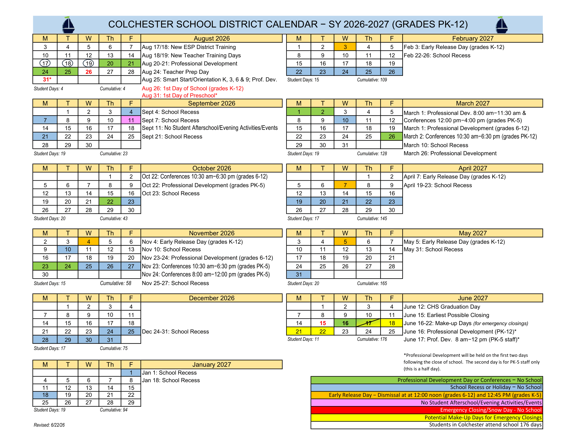 Colchester School District Calendar 26-27 Revised