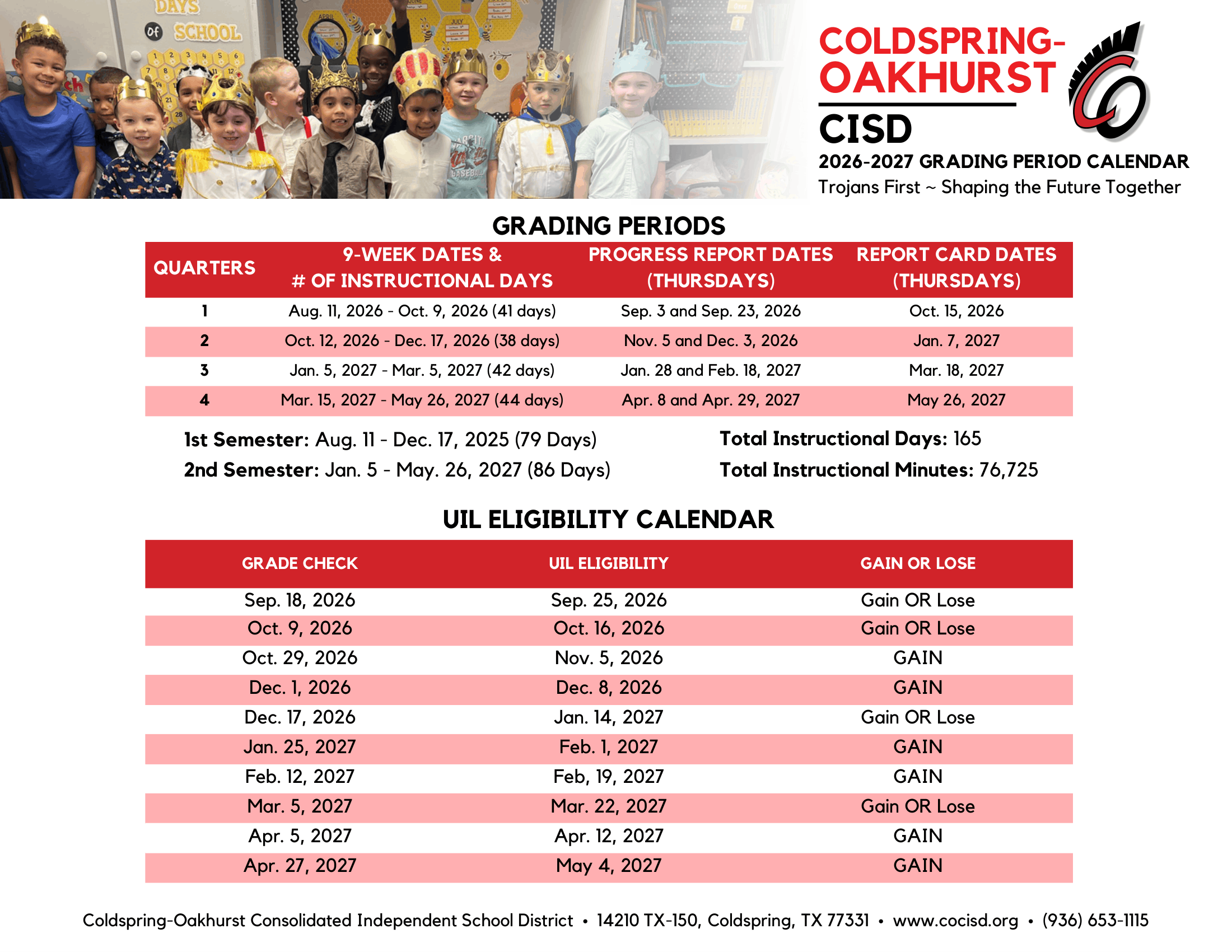 Coldspring-Oakhurst CISD Calendar 26-27 pdf
