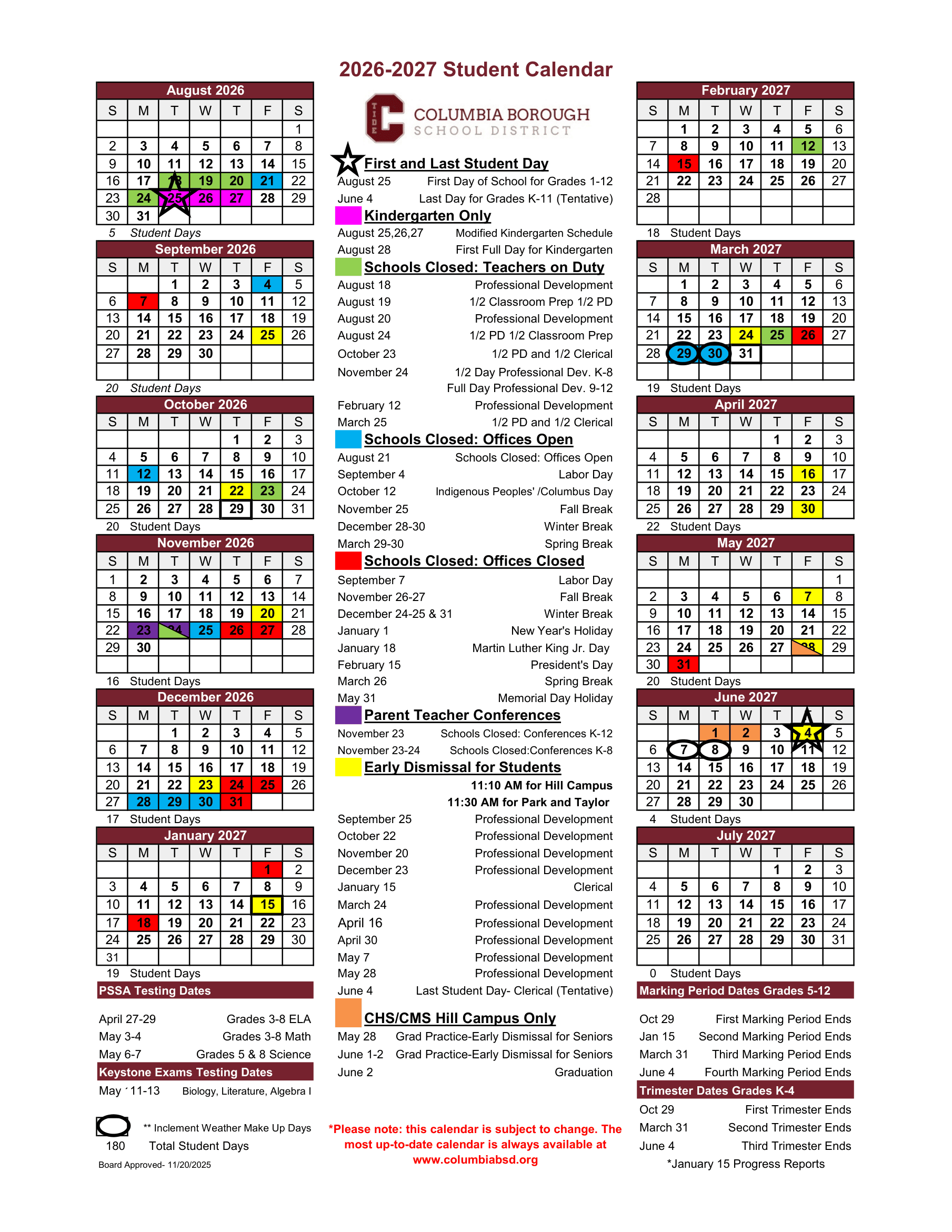 Columbia Borough School District Calendar 26-27 pdf