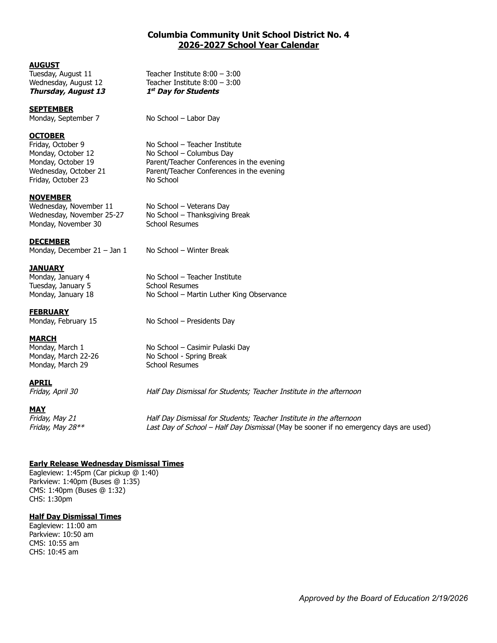Columbia Community Unit School District No. 4 Calendar 26-27 pdf