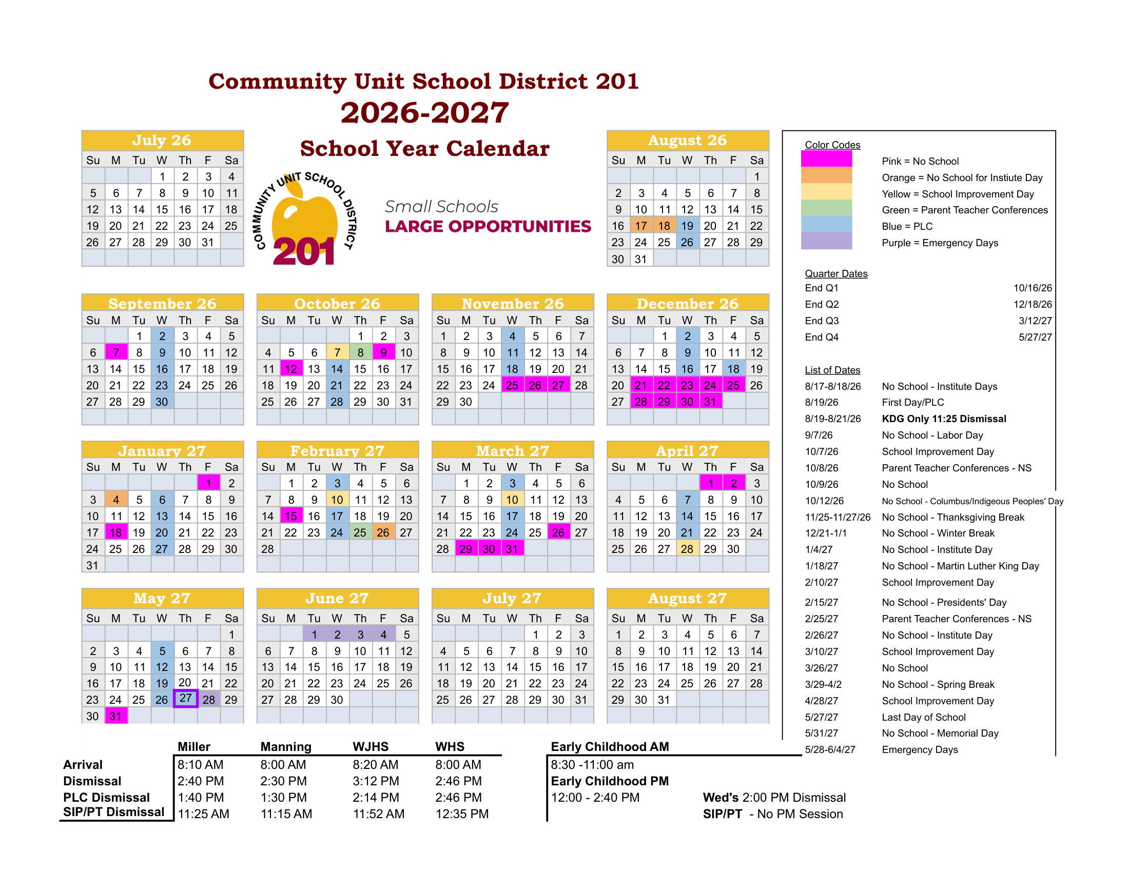Community Unit School District 201 Calendar 26-27 Revised