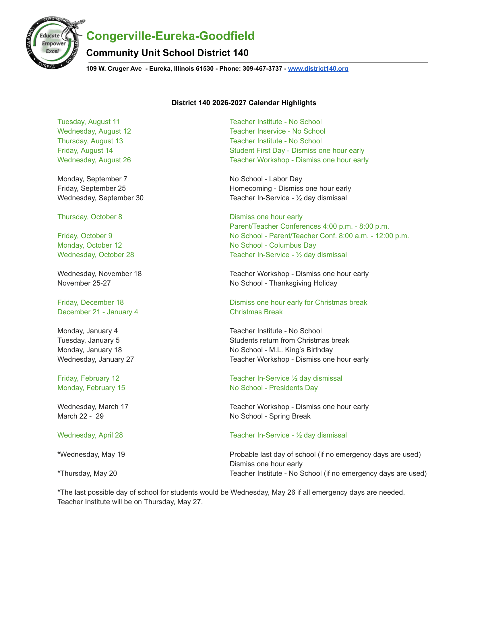 Congerville-Eureka-Goodfield Community Unit School District 140 Calendar 26-27 pdf