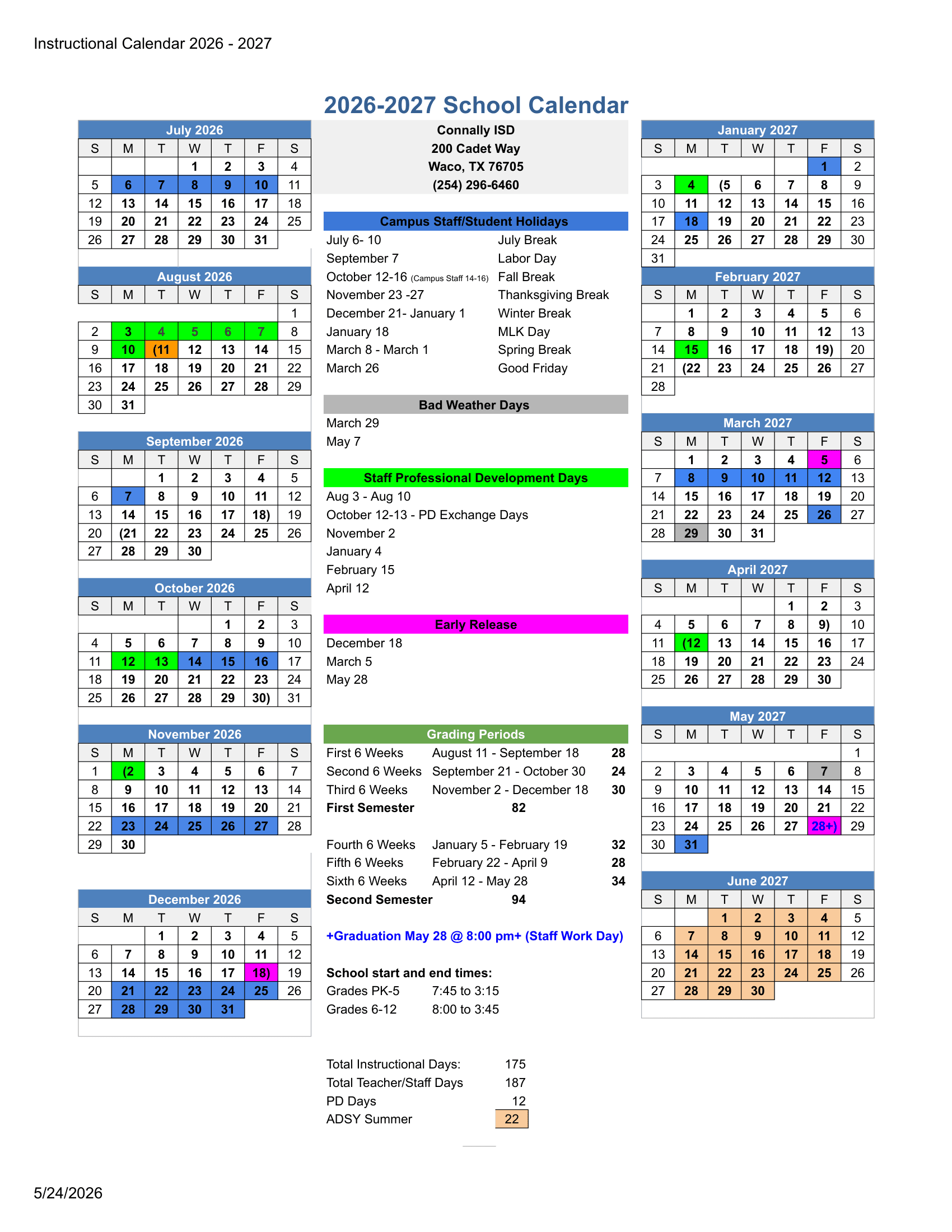 Connally ISD Calendar 26-27 Revised