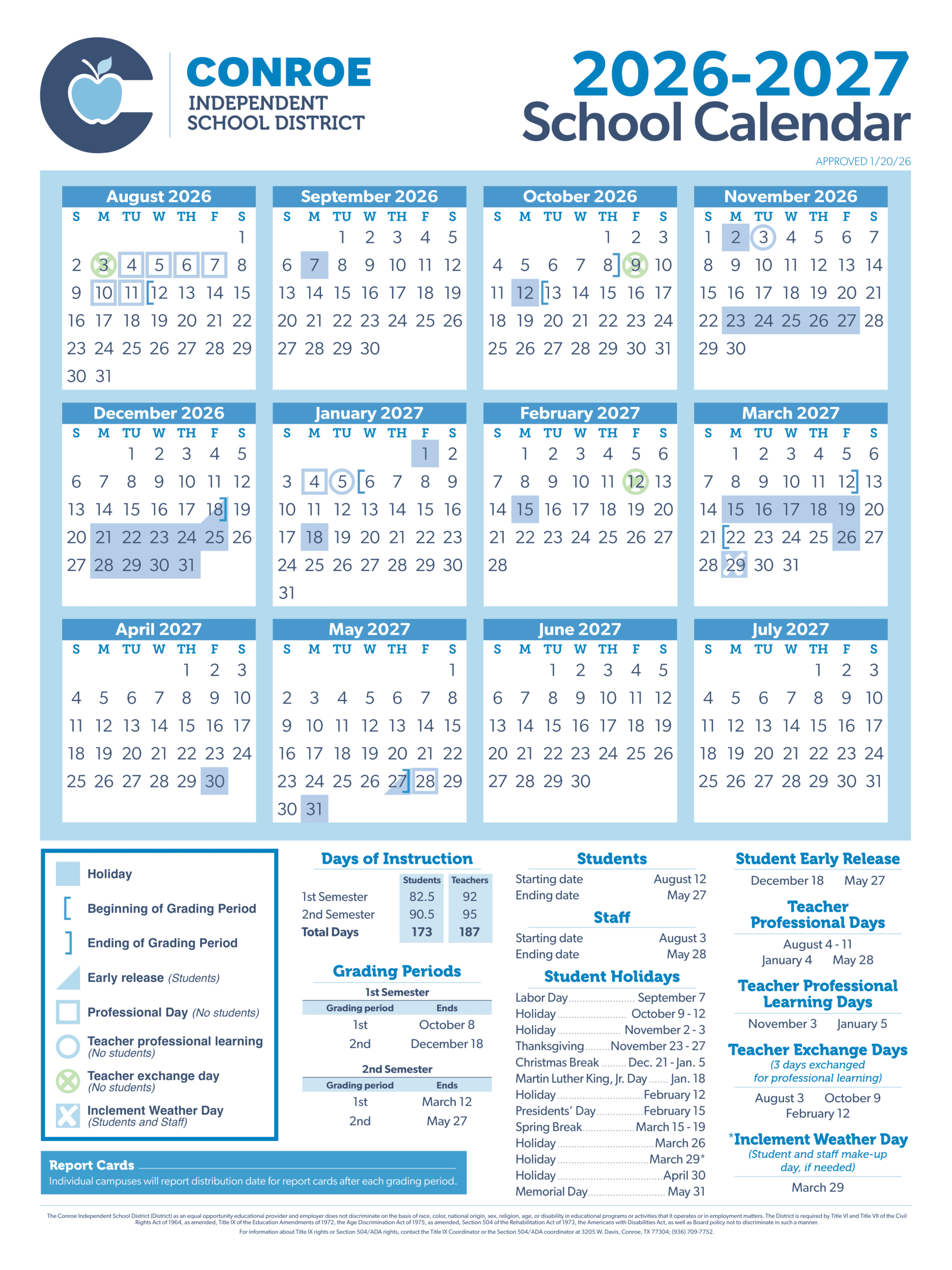 Conroe Independent School District Calendar 26-27 pdf