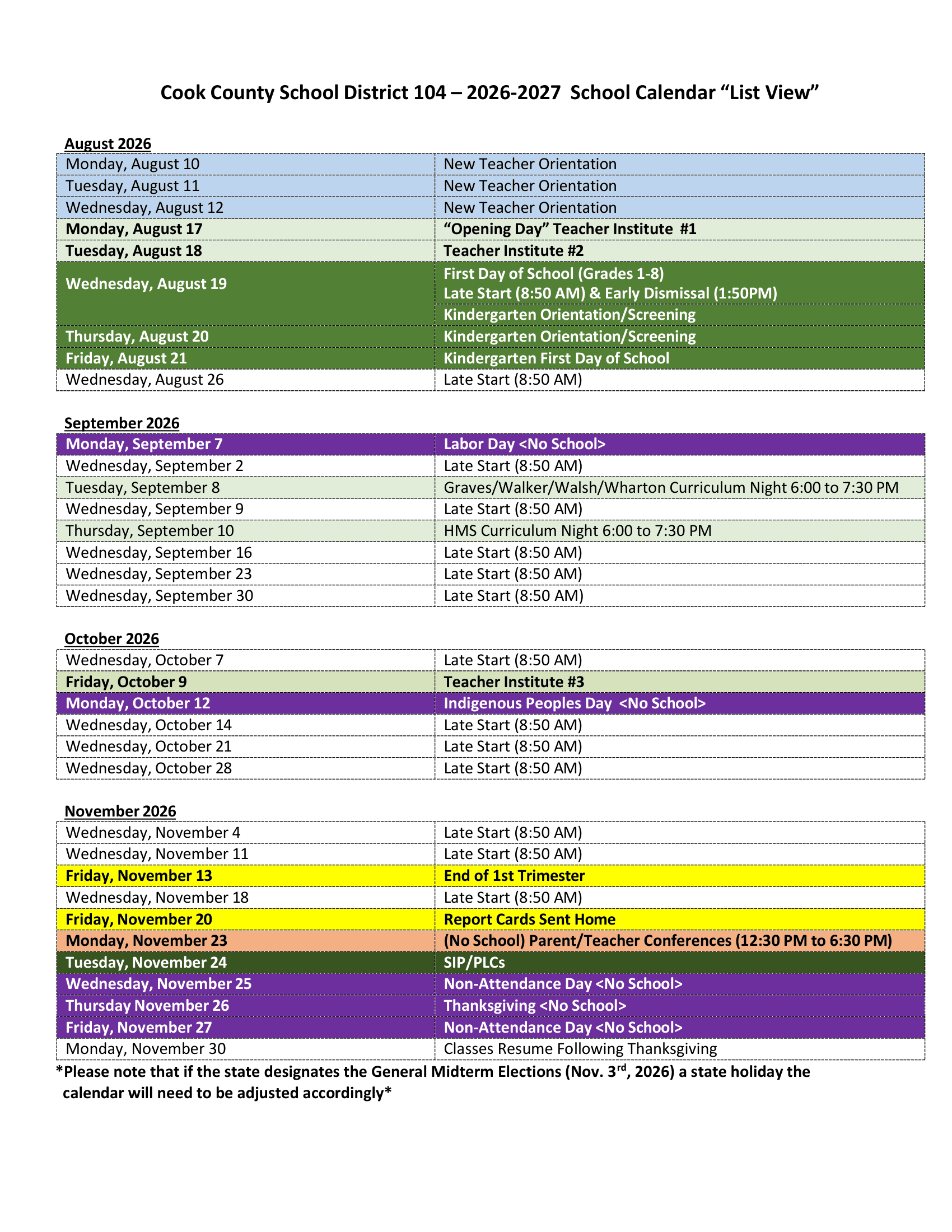 Cook County School District 104 Calendar 26-27 Revised