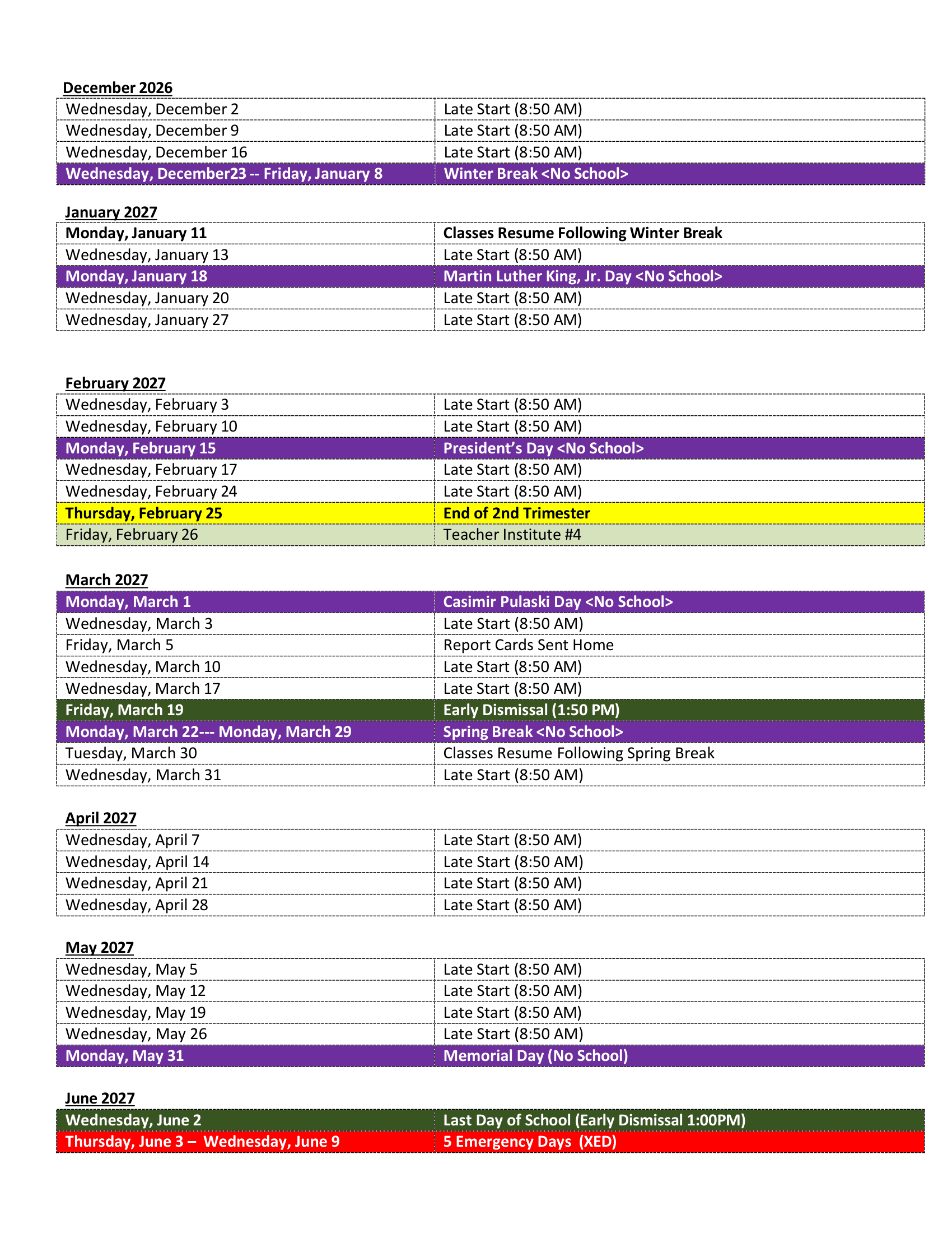 Cook County School District 104 Calendar 26-27 Revised