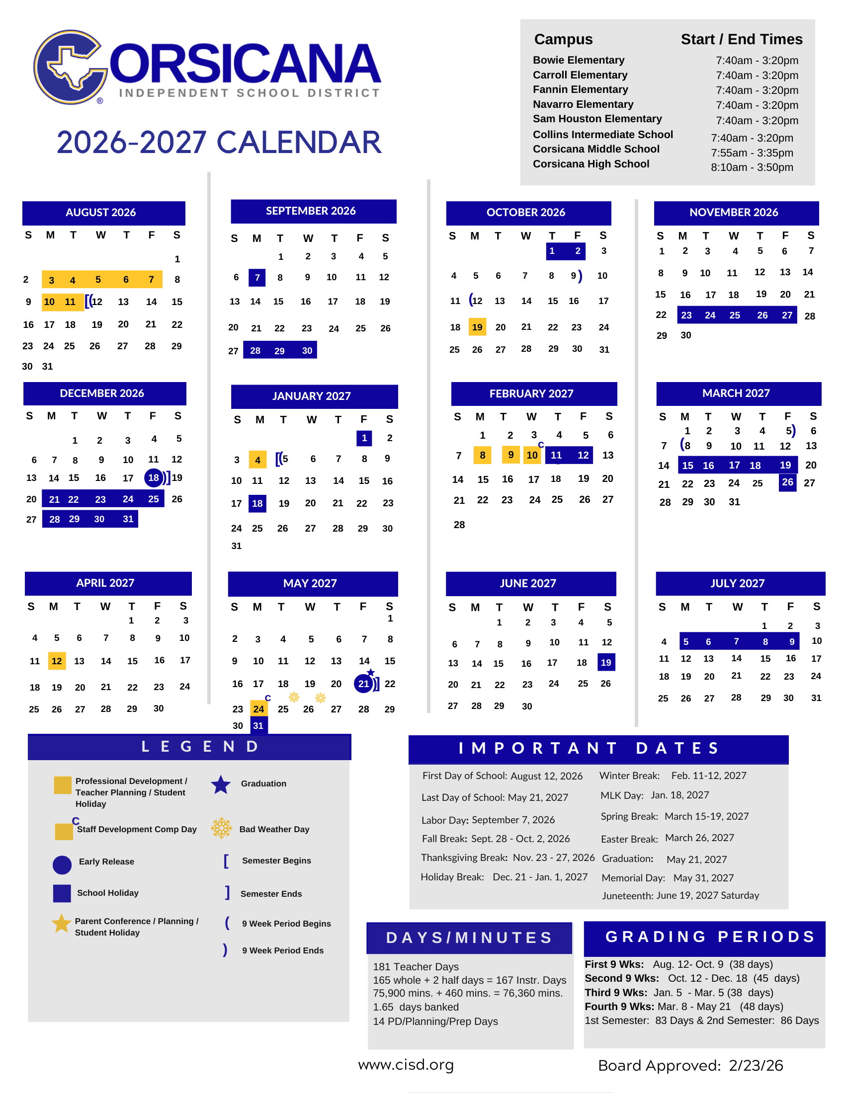 Corsicana Independent School District Calendar 26-27 pdf