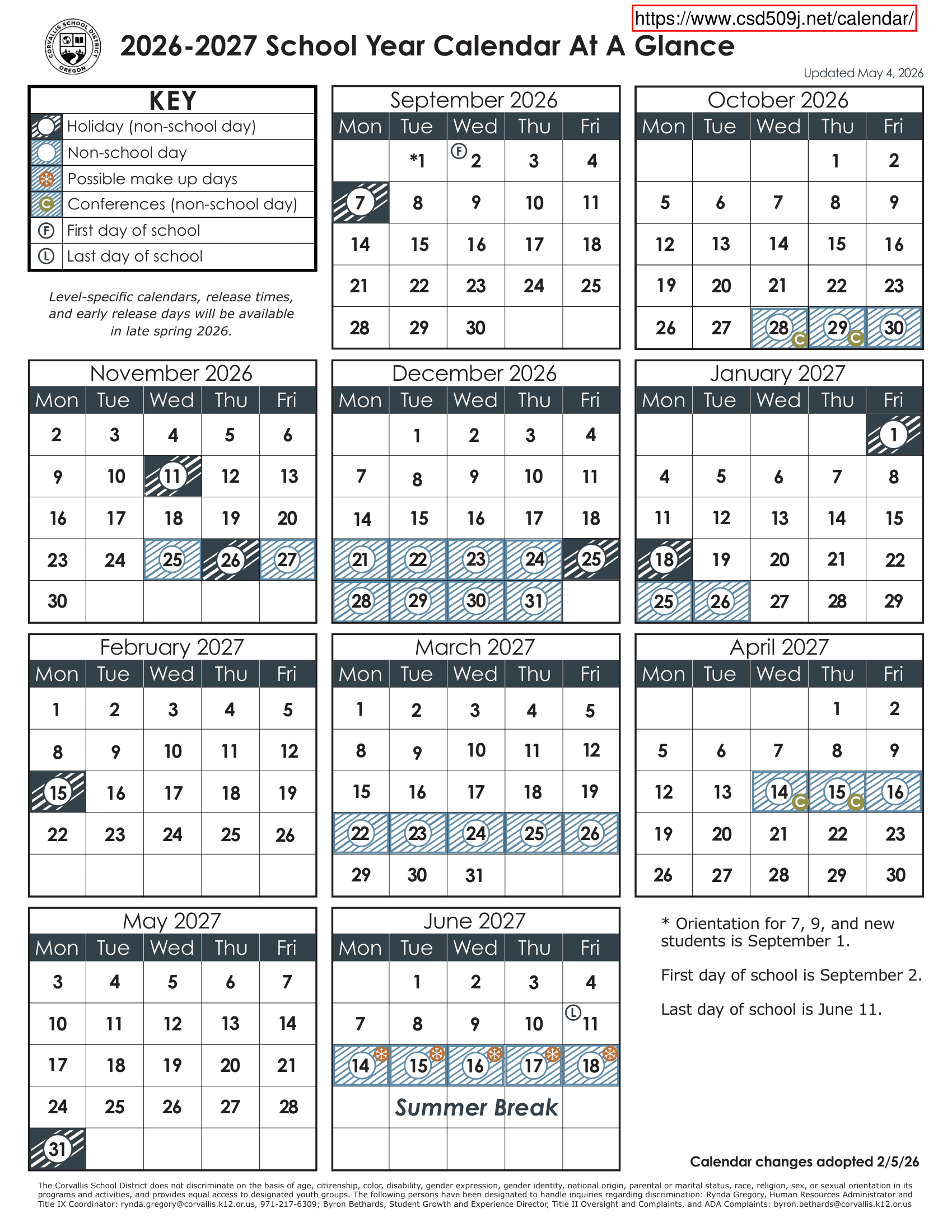 Corvallis School District Calendar 26-27 PDF