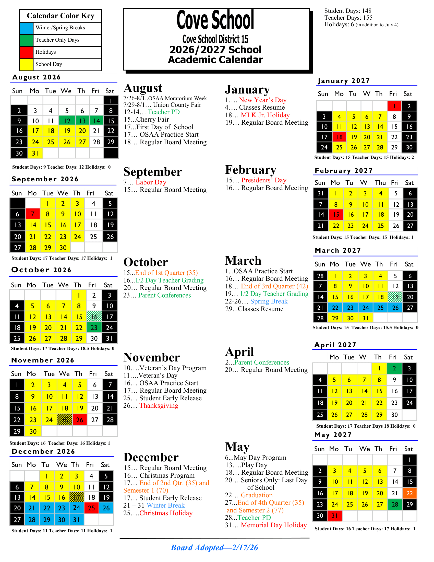 Cove School District 15 Calendar 26-27 PDF