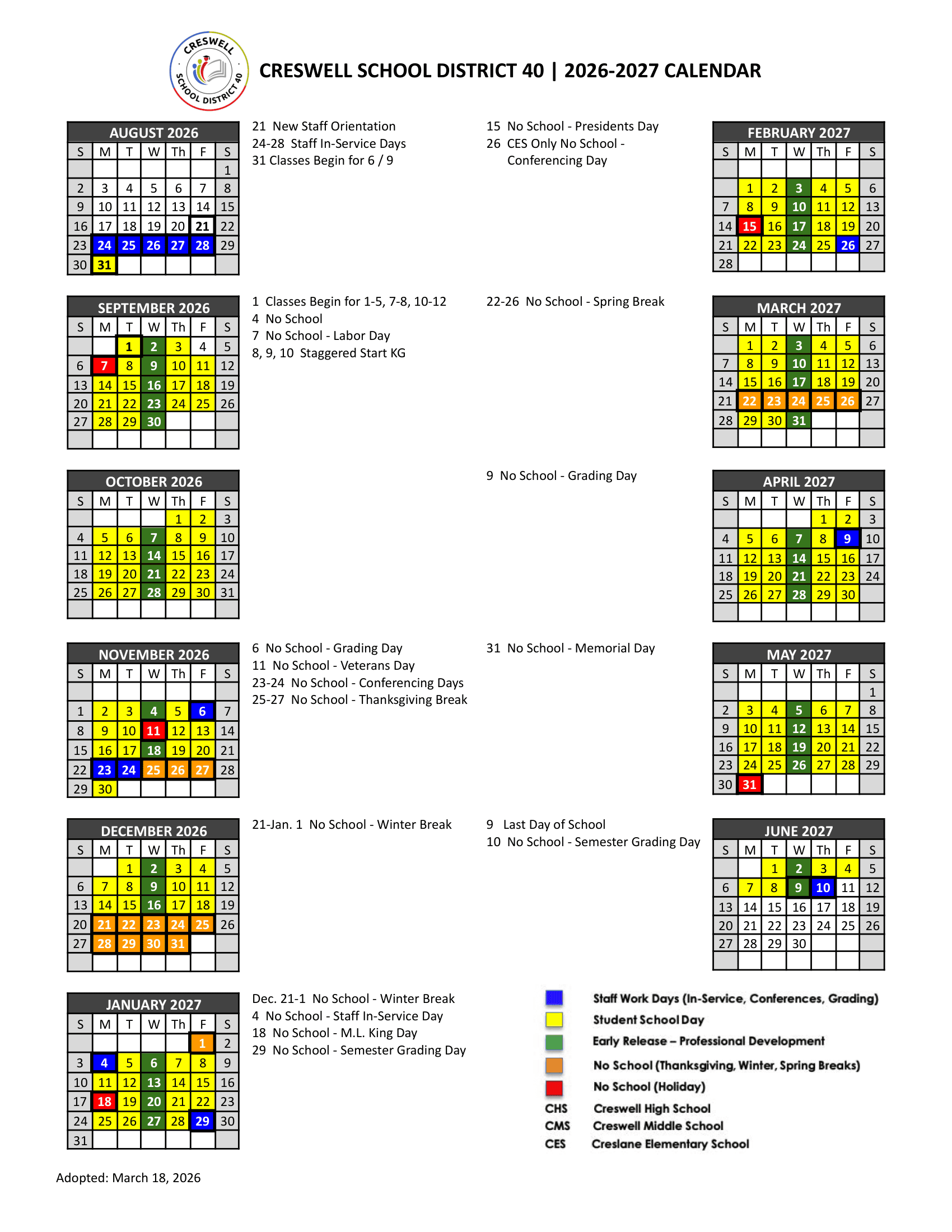 Creswell School District 40 Calendar 26-27 PDF