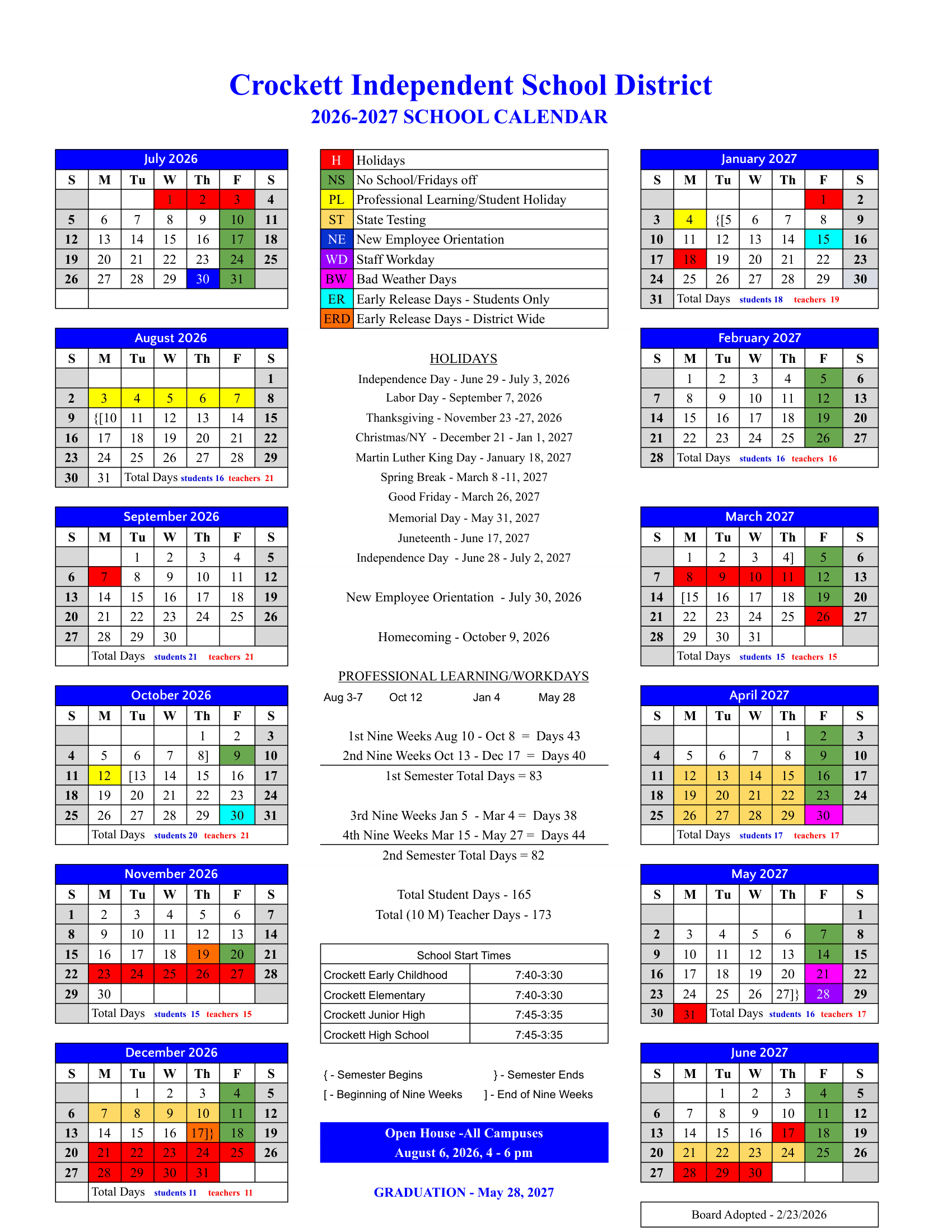 Crockett Independent School District Calendar 26-27 pdf