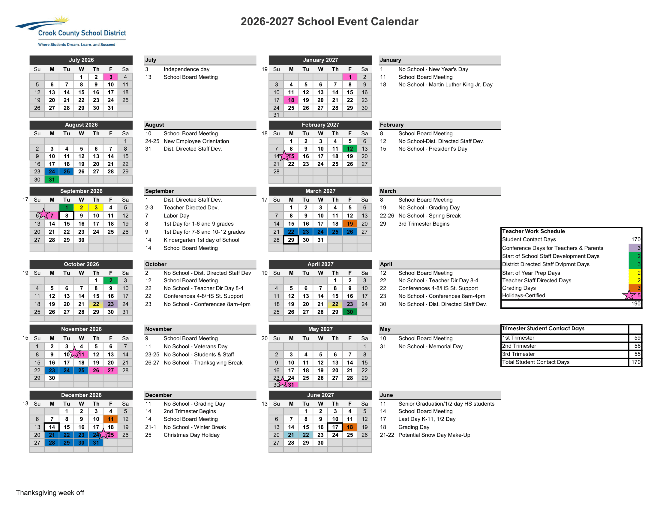 Crook County School District Calendar 26-27 PDF